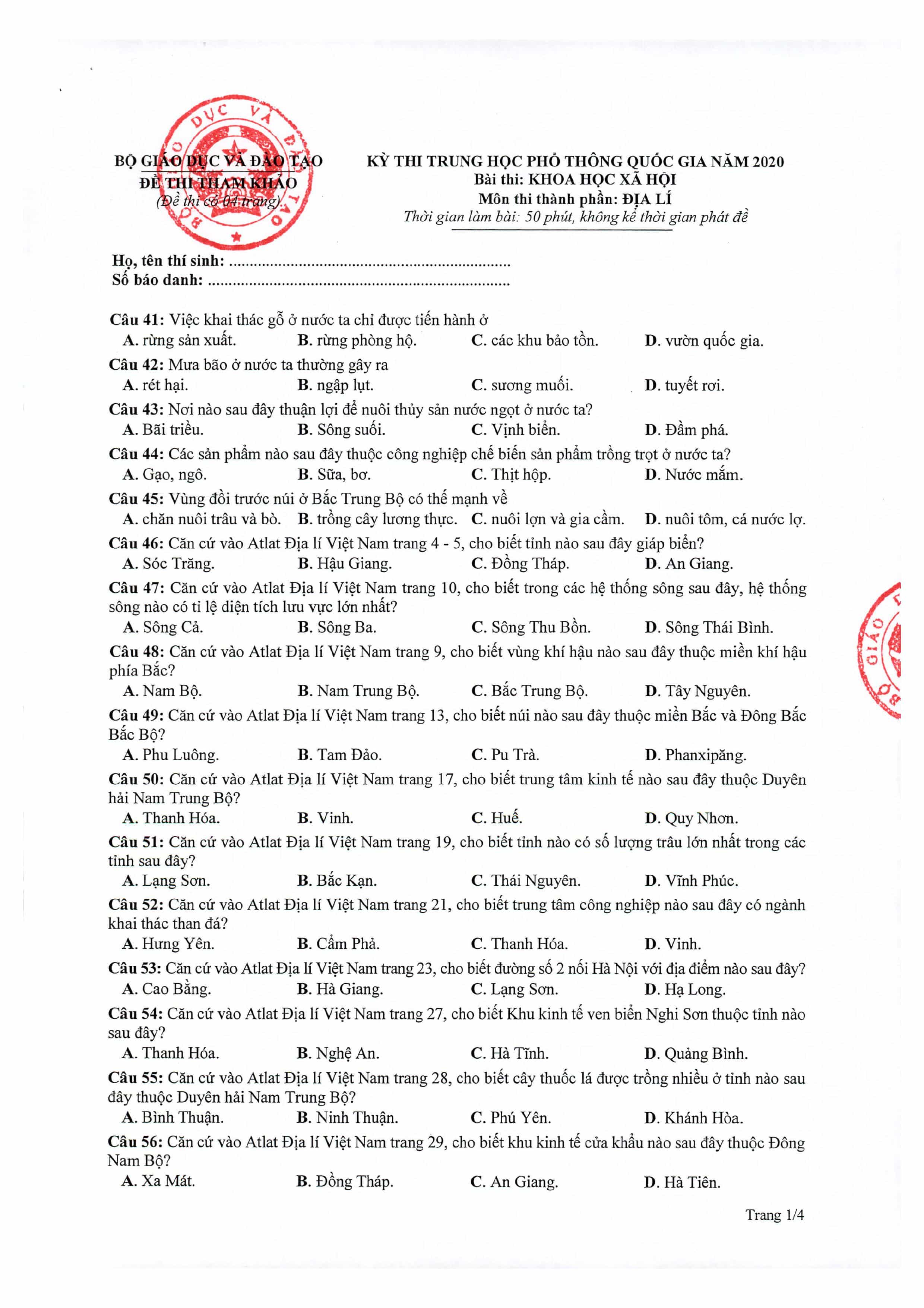 [2020] ĐỀ THAM KHẢO TN THPT 2020 MÔN ĐỊA LÍ