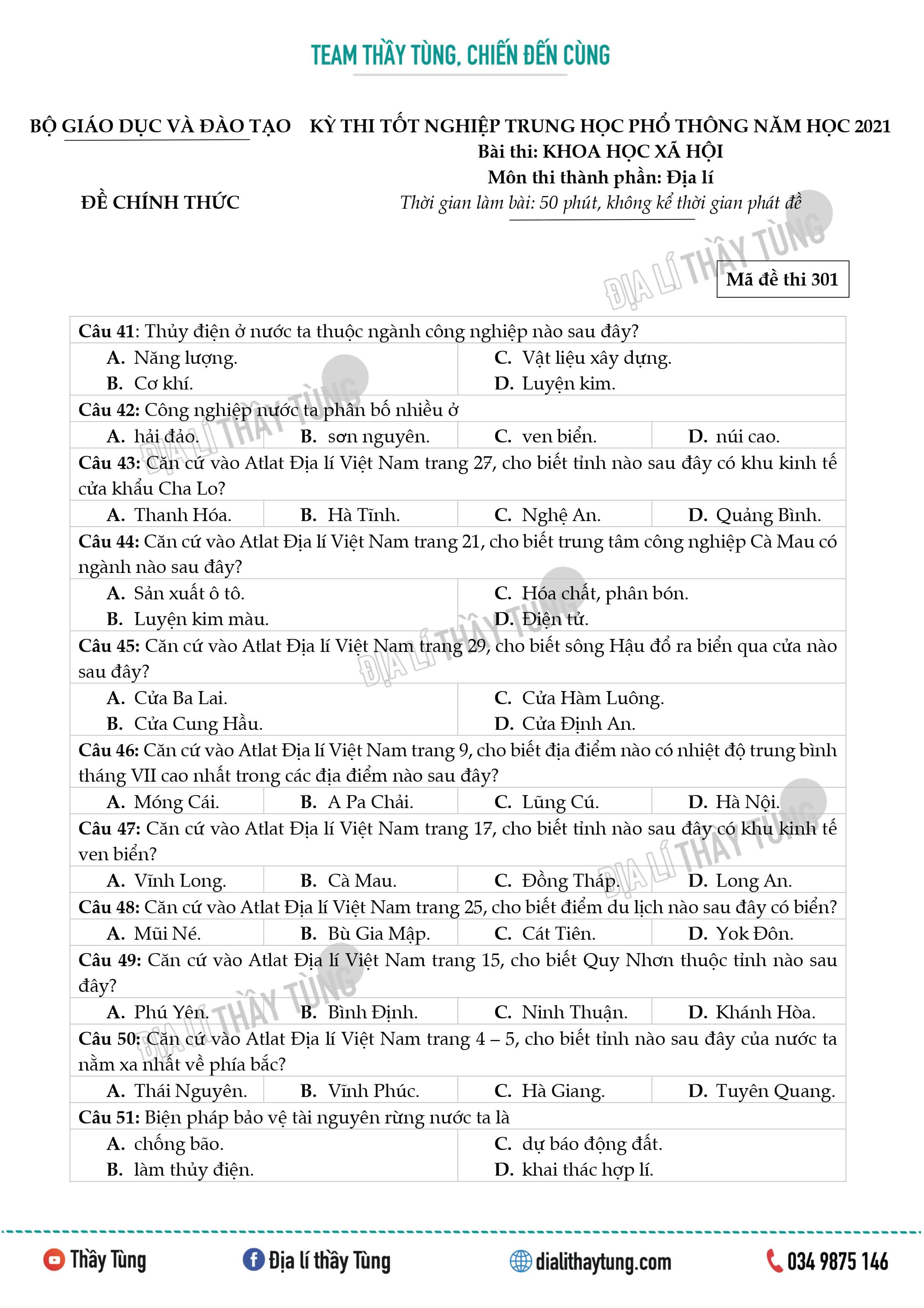 [2021] ĐỀ THI TN THPT 2021 MÔN ĐỊA LÍ ĐỢT 1 - MÃ 301
