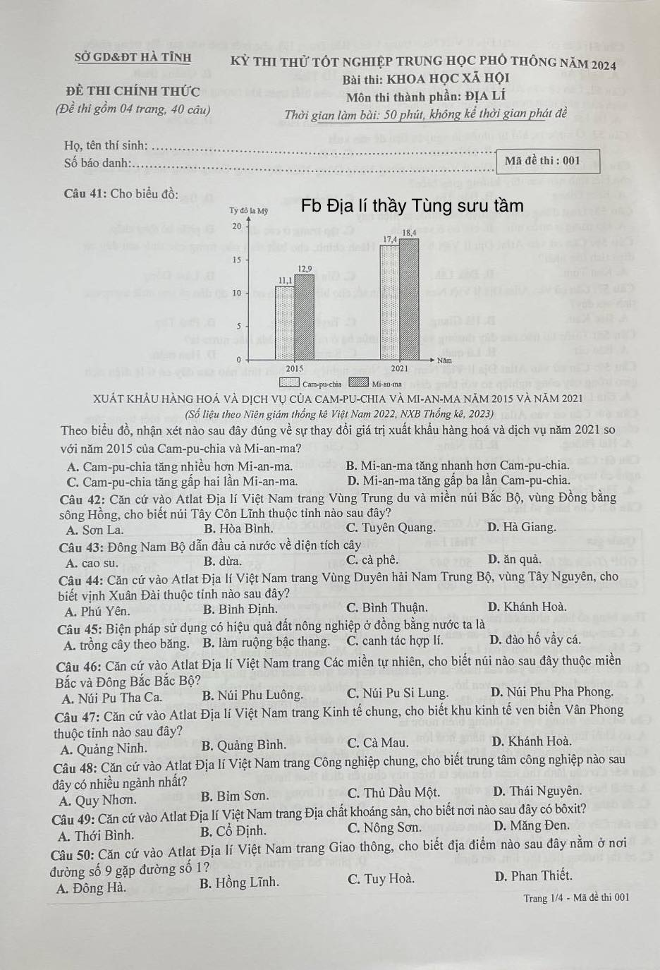 [HÀ NỘI] ĐỀ THI THỬ TỐT NGHIỆP THPT 2024 MÔN ĐỊA LÍ