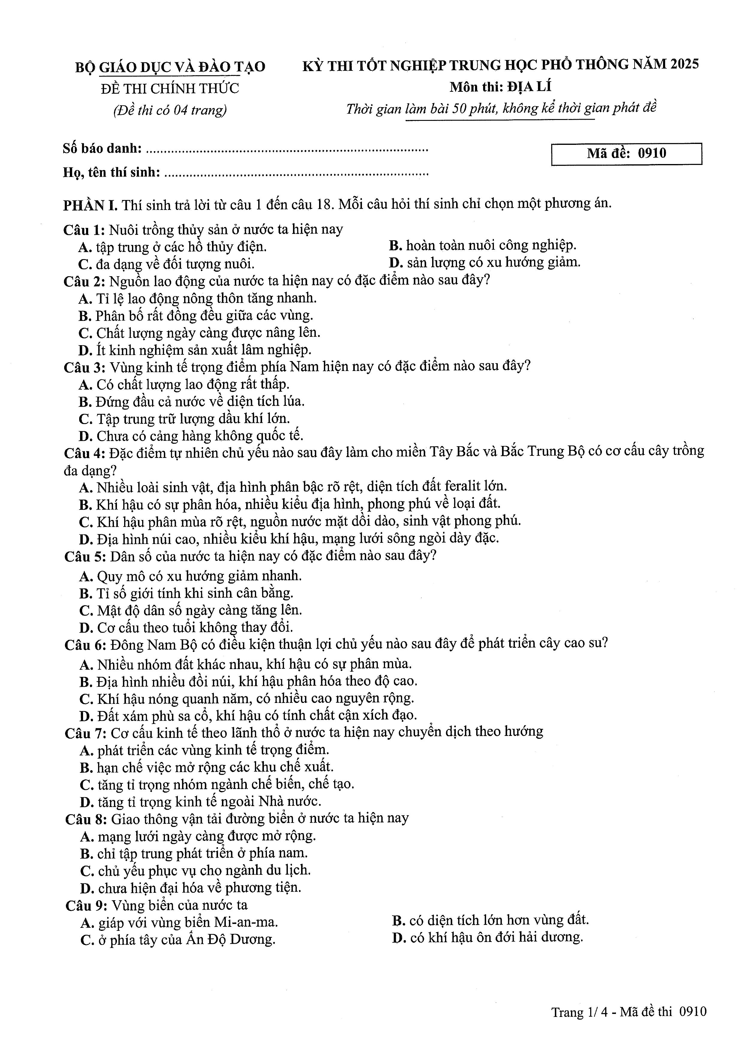 đề thi chính thức của Bộ GD&DT Kì thi tốt nghiệp THPT 2025 theo chương trình GDPT 2018 môn Địa lí mã 0910