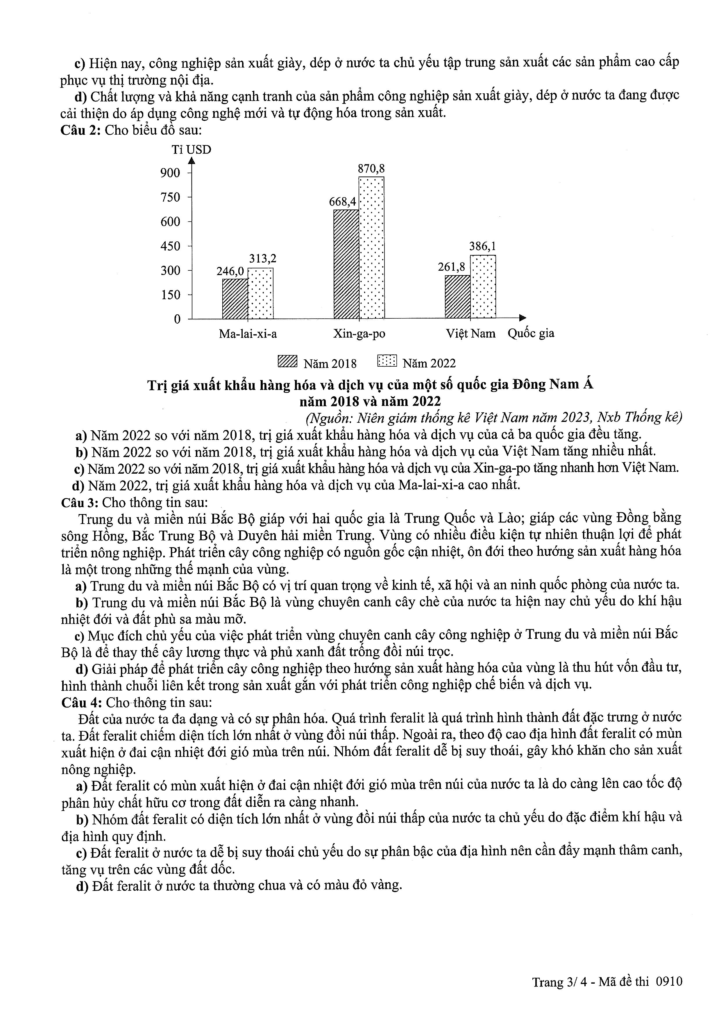 đề thi chính thức của Bộ GD&DT Kì thi tốt nghiệp THPT 2025 theo chương trình GDPT 2018 môn Địa lí mã 0910