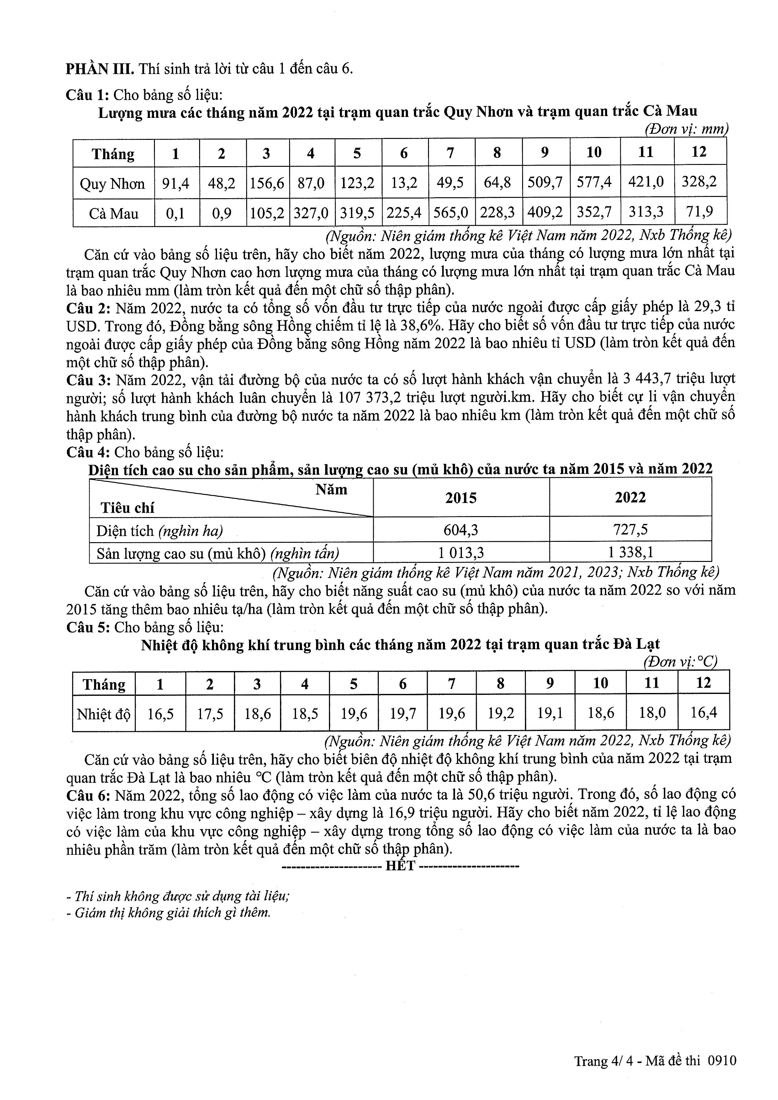 đề thi chính thức của Bộ GD&DT Kì thi tốt nghiệp THPT 2025 theo chương trình GDPT 2018 môn Địa lí mã 0910