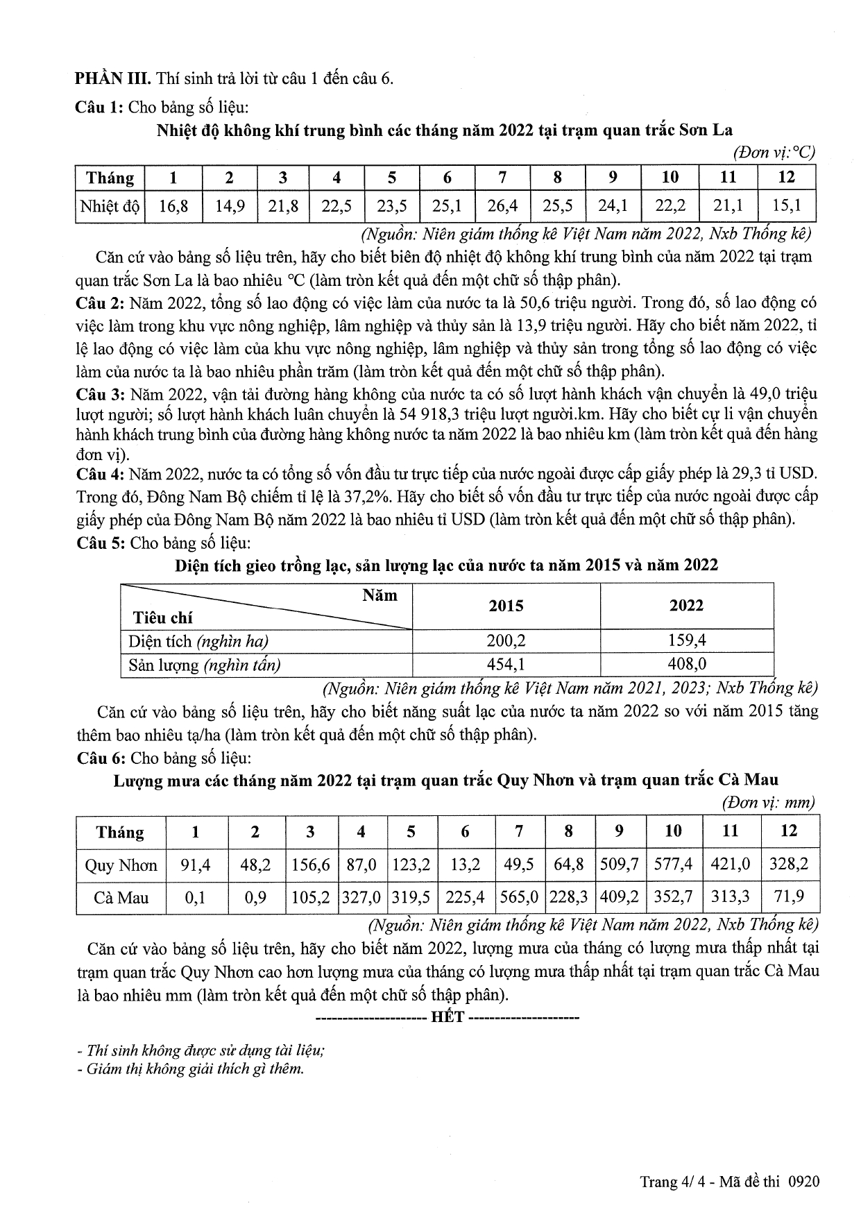 đề thi chính thức của Bộ GD&DT Kì thi tốt nghiệp THPT 2025 theo chương trình GDPT 2018 môn Địa lí mã 0920