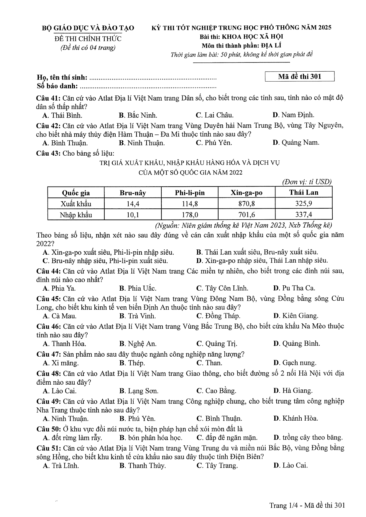 tốt nghiệp THPT 2025 theo chương trình GDPT 2006 môn Địa lí mã 301