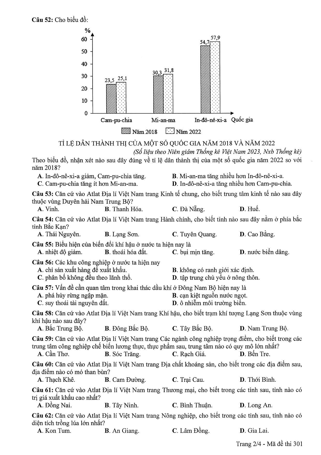 tốt nghiệp THPT 2025 theo chương trình GDPT 2006 môn Địa lí mã 301