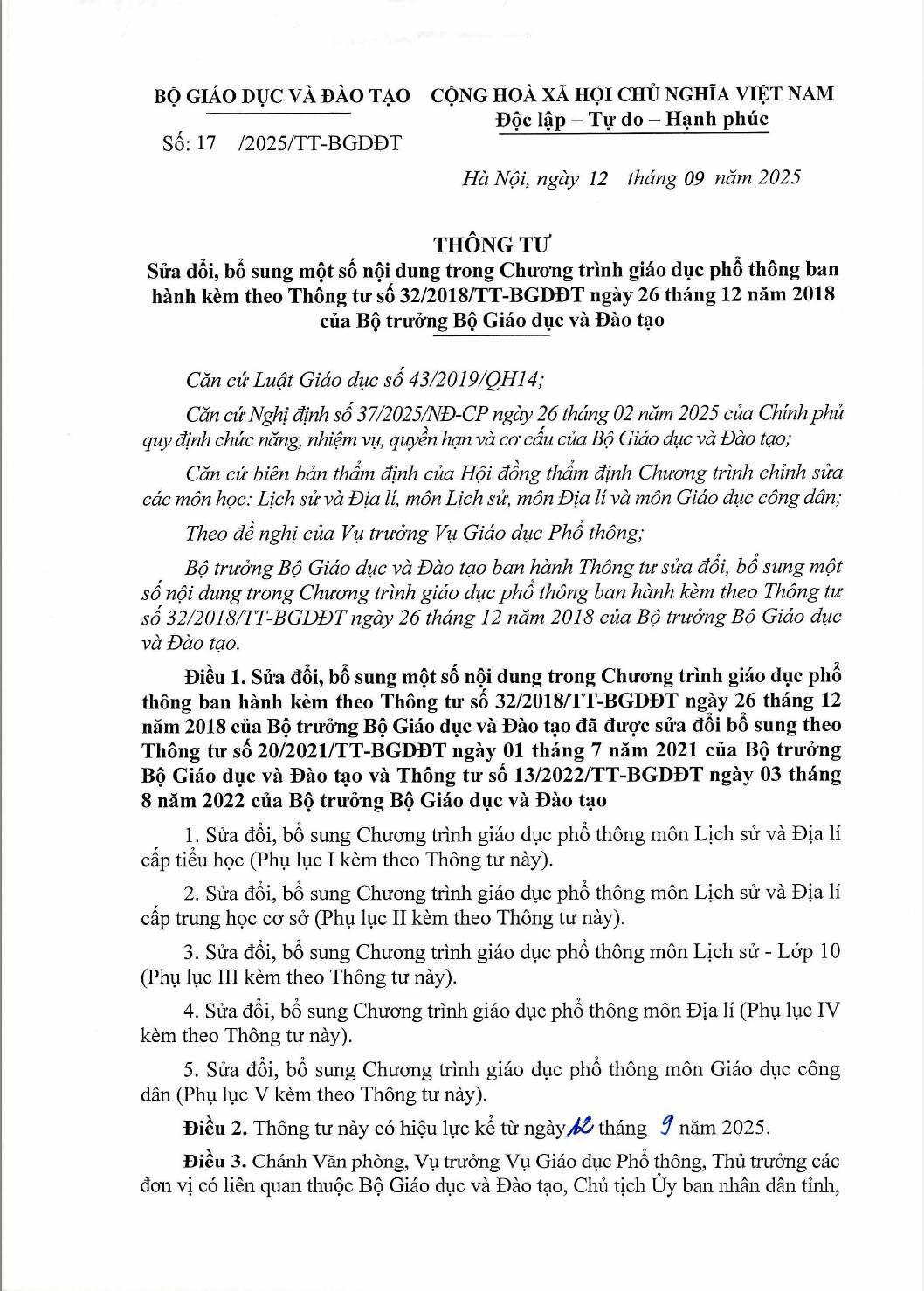 Thông tư sửa đổi, bổ sung một số nội dung trong Chương trình giáo dục phổ thông