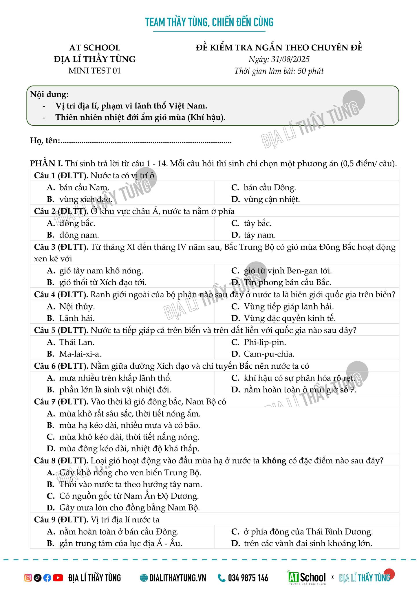 ĐIỂM KIỂM TRA VỀ ĐỊA LÍ TỰ NHIÊN - ĐỊA LÍ 12