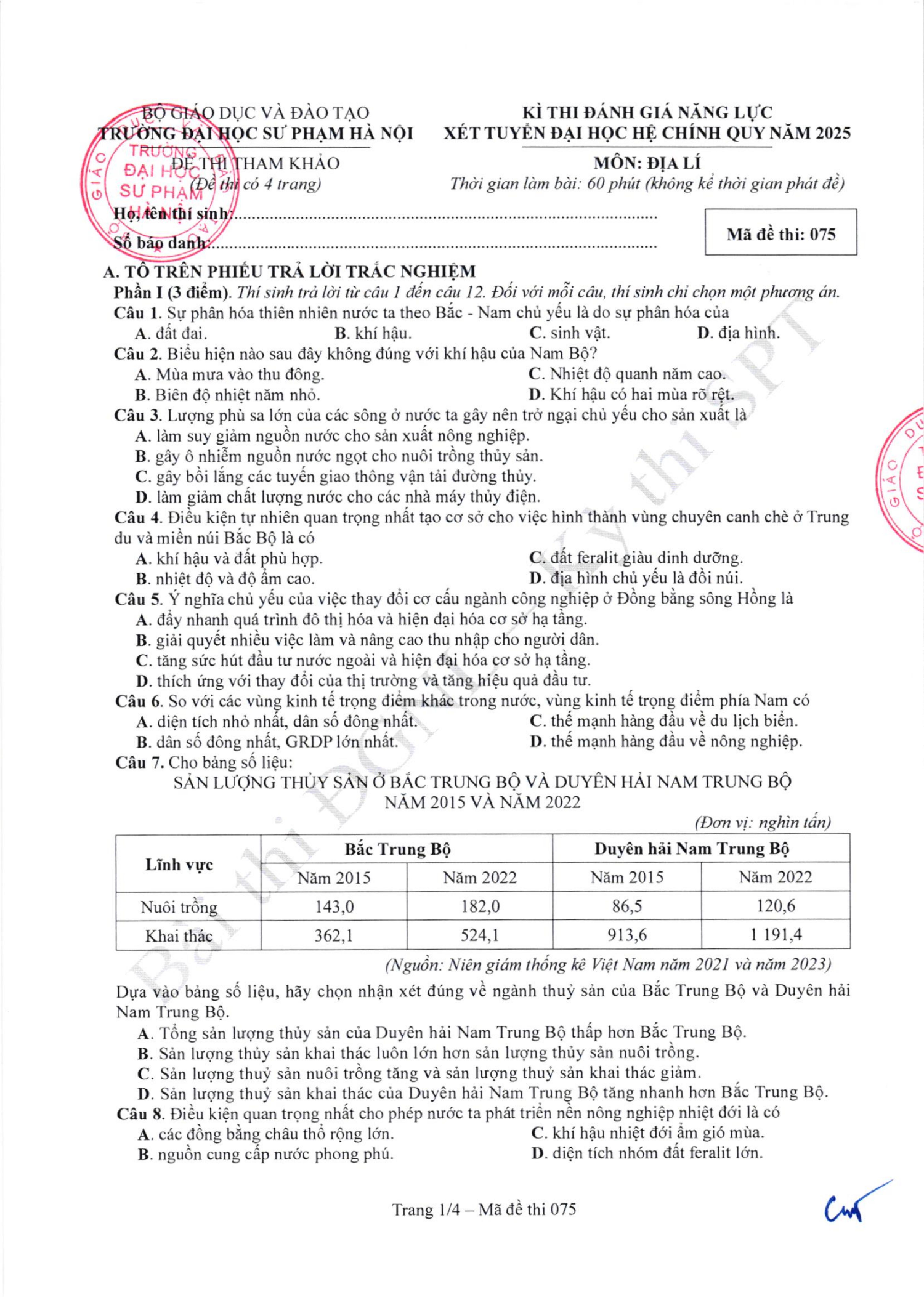 ĐỀ THAM KHẢO KÌ THI ĐÁNH GIÁ NĂNG LỰC SPT NĂM 2026 MÔN ĐỊA LÍ 