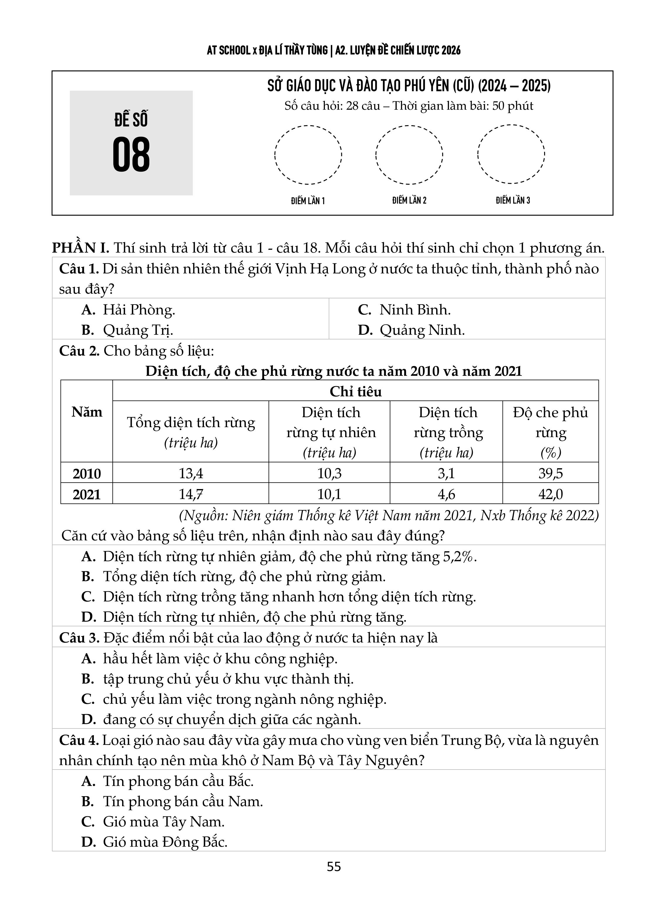 Đề thi thử tốt nghiệp THPT môn Địa lí năm 2024 - 2025 của SỞ GD&DT Phú Yên 