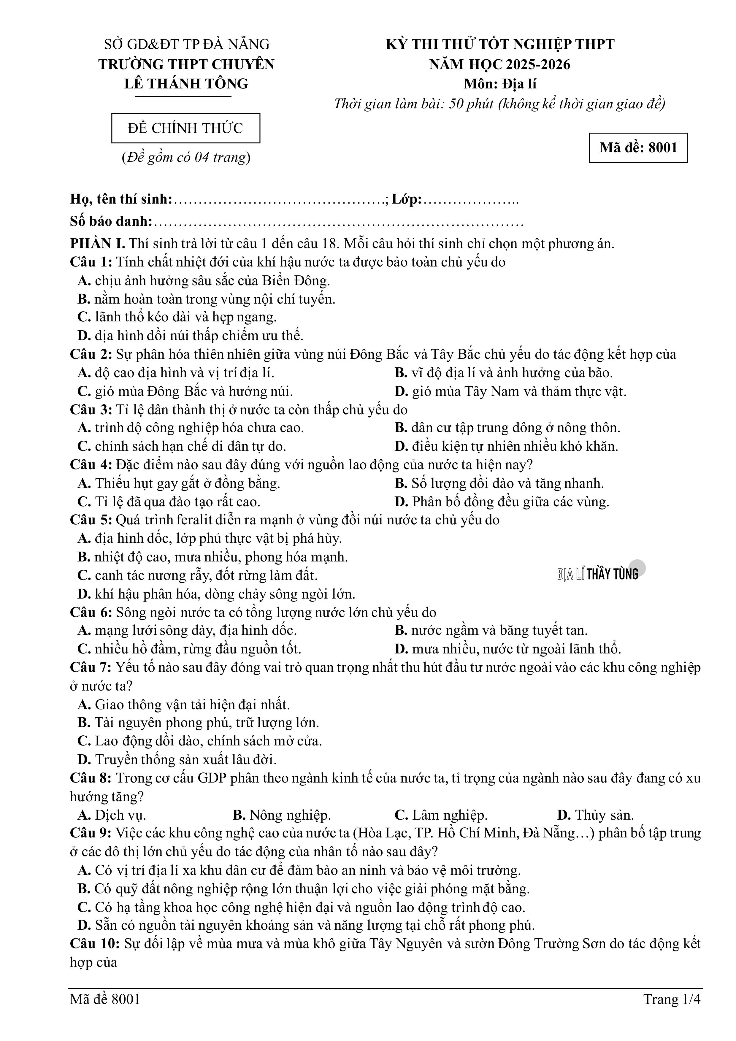 Đề thi thử tốt nghiệp THPT môn Địa lí năm học 2025 – 2026 của trường THPT Chuyên Lê Thánh Tông Sở GD&ĐT Đà Nẵng