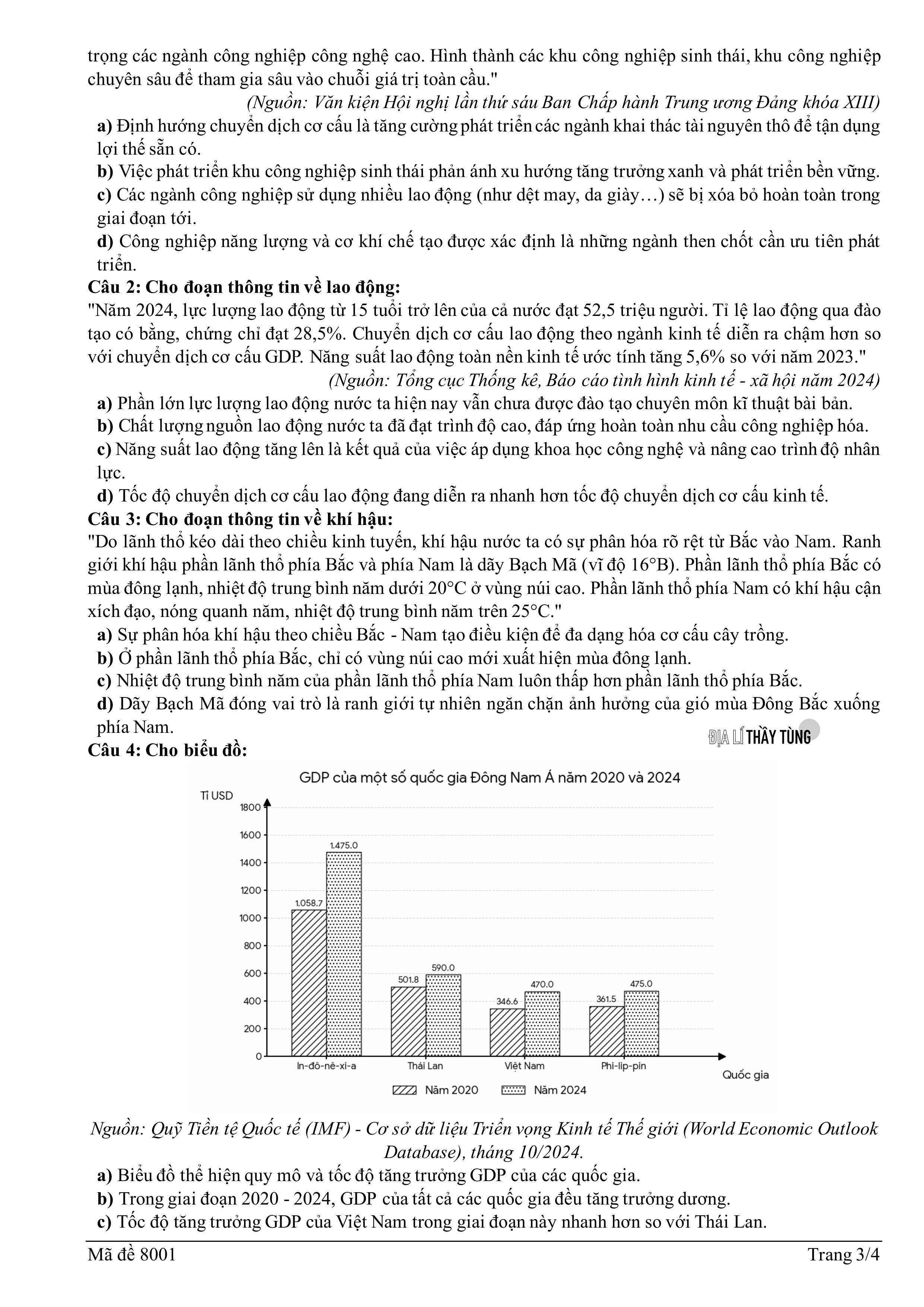 Đề thi thử tốt nghiệp THPT môn Địa lí năm học 2025 – 2026 của trường THPT Chuyên Lê Thánh Tông Sở GD&ĐT Đà Nẵng