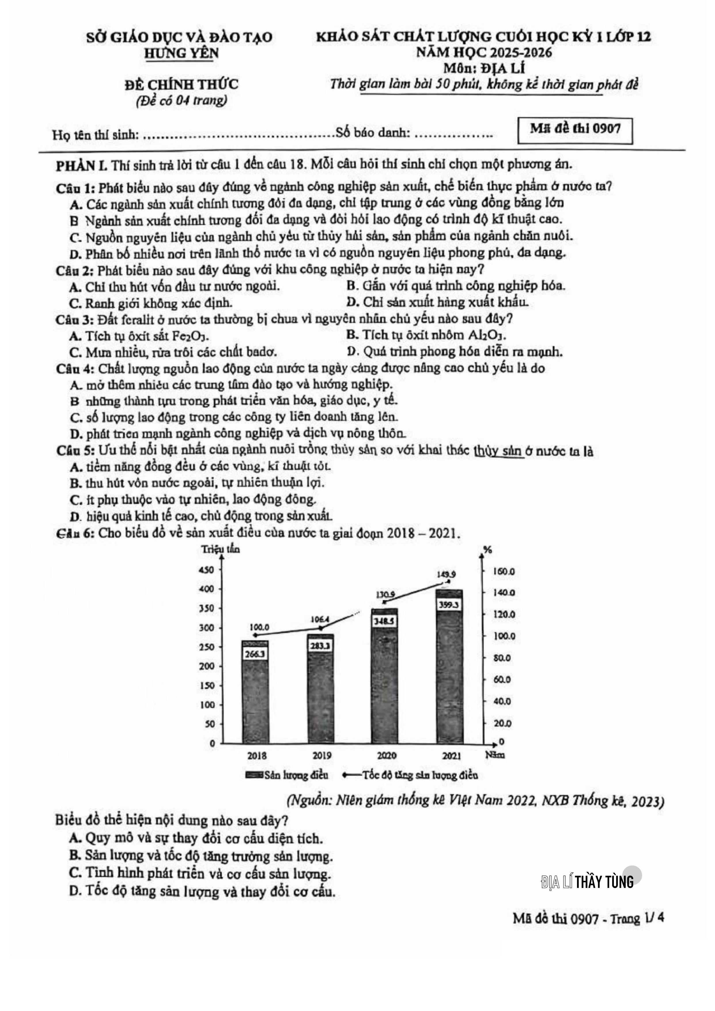 Đề thi Khảo sát chất lượng Cuối Học kì I môn Địa lí của sở GD&ĐT Hưng Yên năm học 2025 - 2026