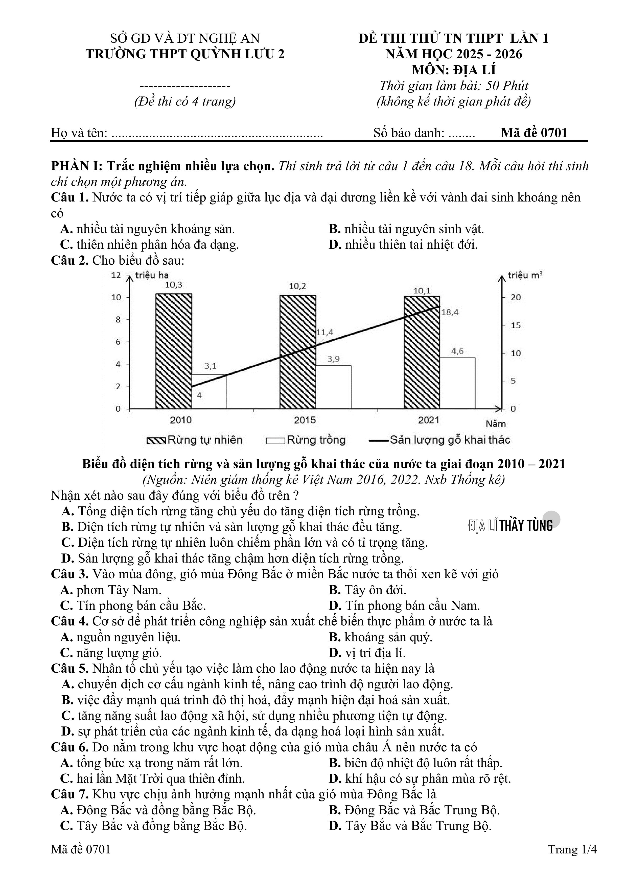 Đề thi thử tốt nghiệp THPT môn Địa lí lần 1 năm học 2025 - 2026 của Sở GD&ĐT Nghệ An