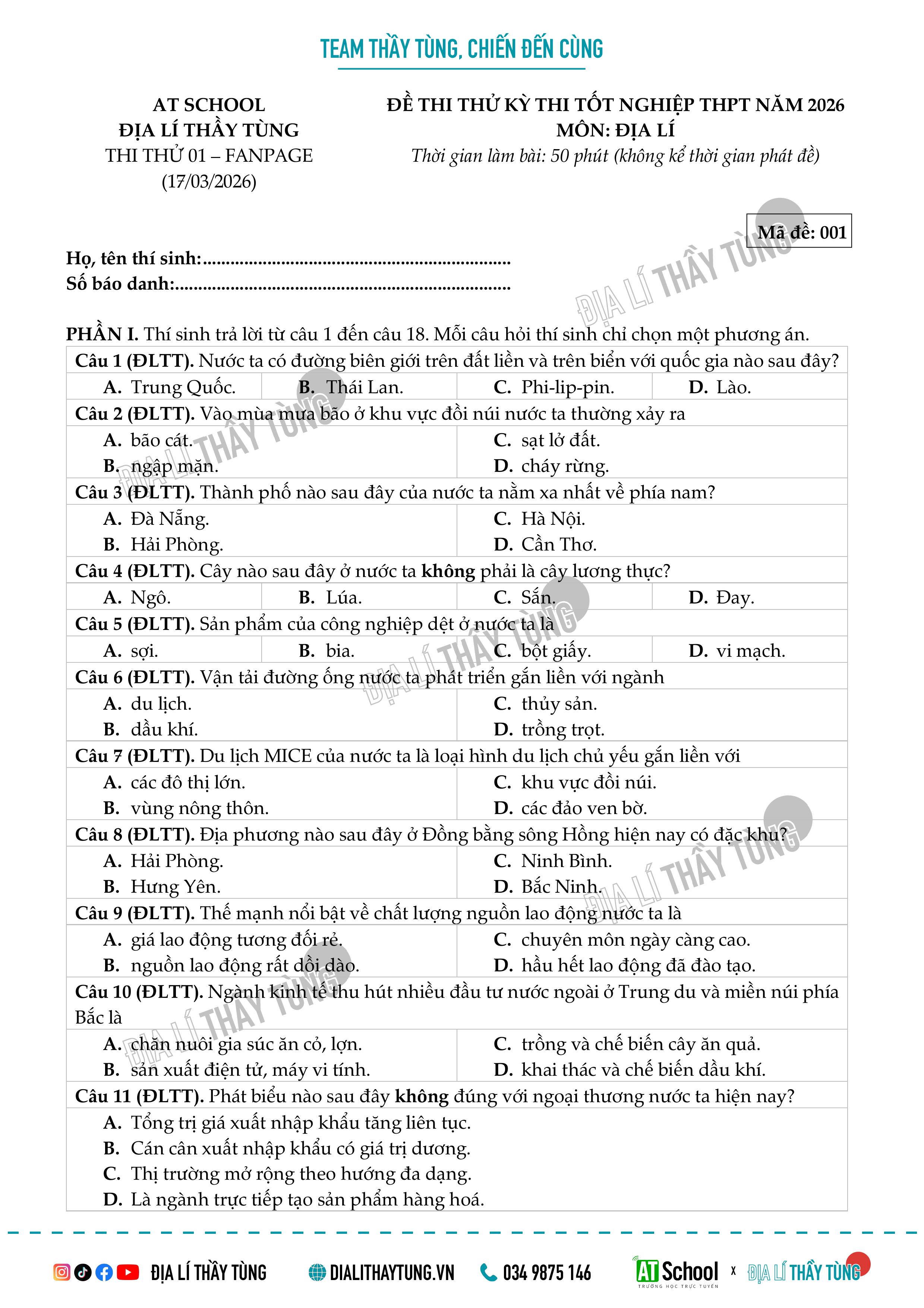 Đề thi thử tốt nghiệp THPT 2026 môn Địa lí của thầy Tùng