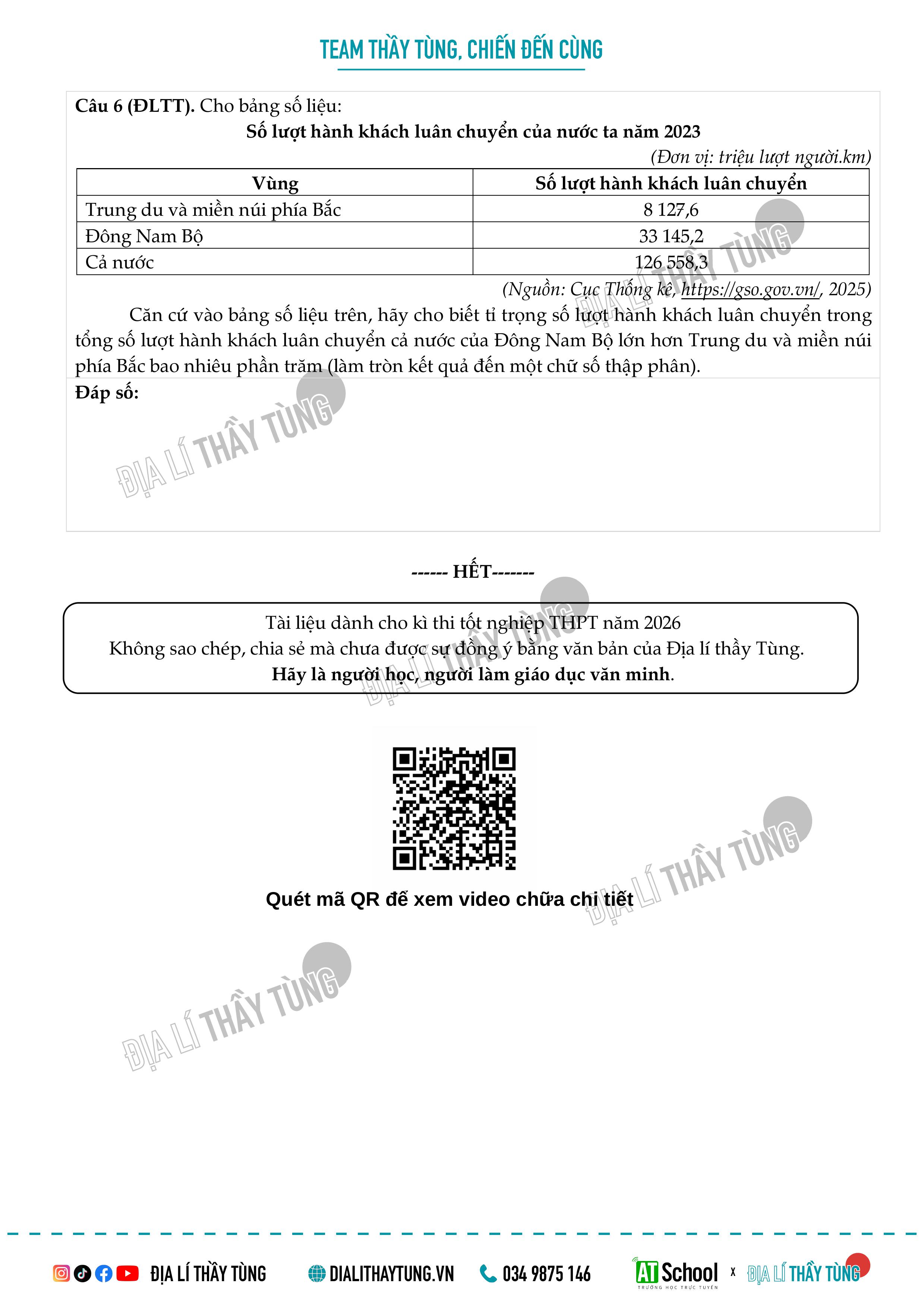 Đề thi thử tốt nghiệp THPT 2026 môn Địa lí của thầy Tùng