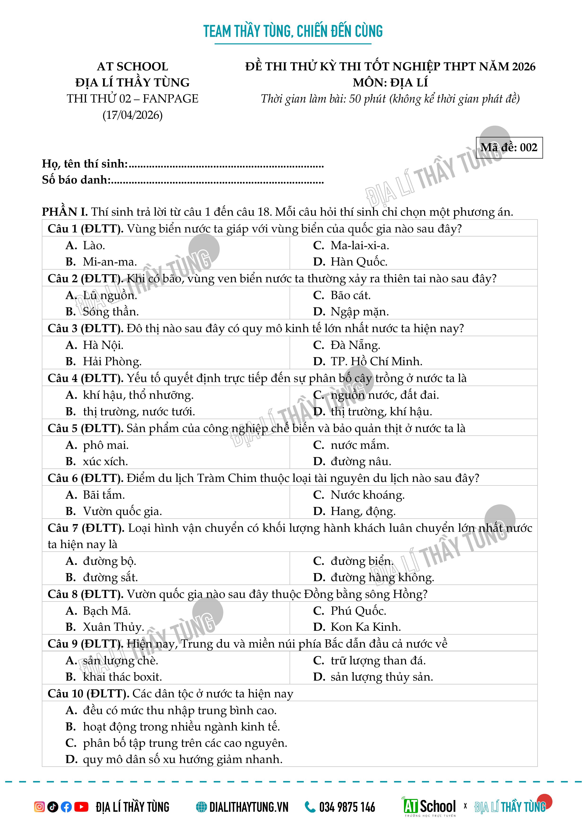 Đề thi thử tốt nghiệp THPT môn Địa lí - Địa lí thầy Tùng 