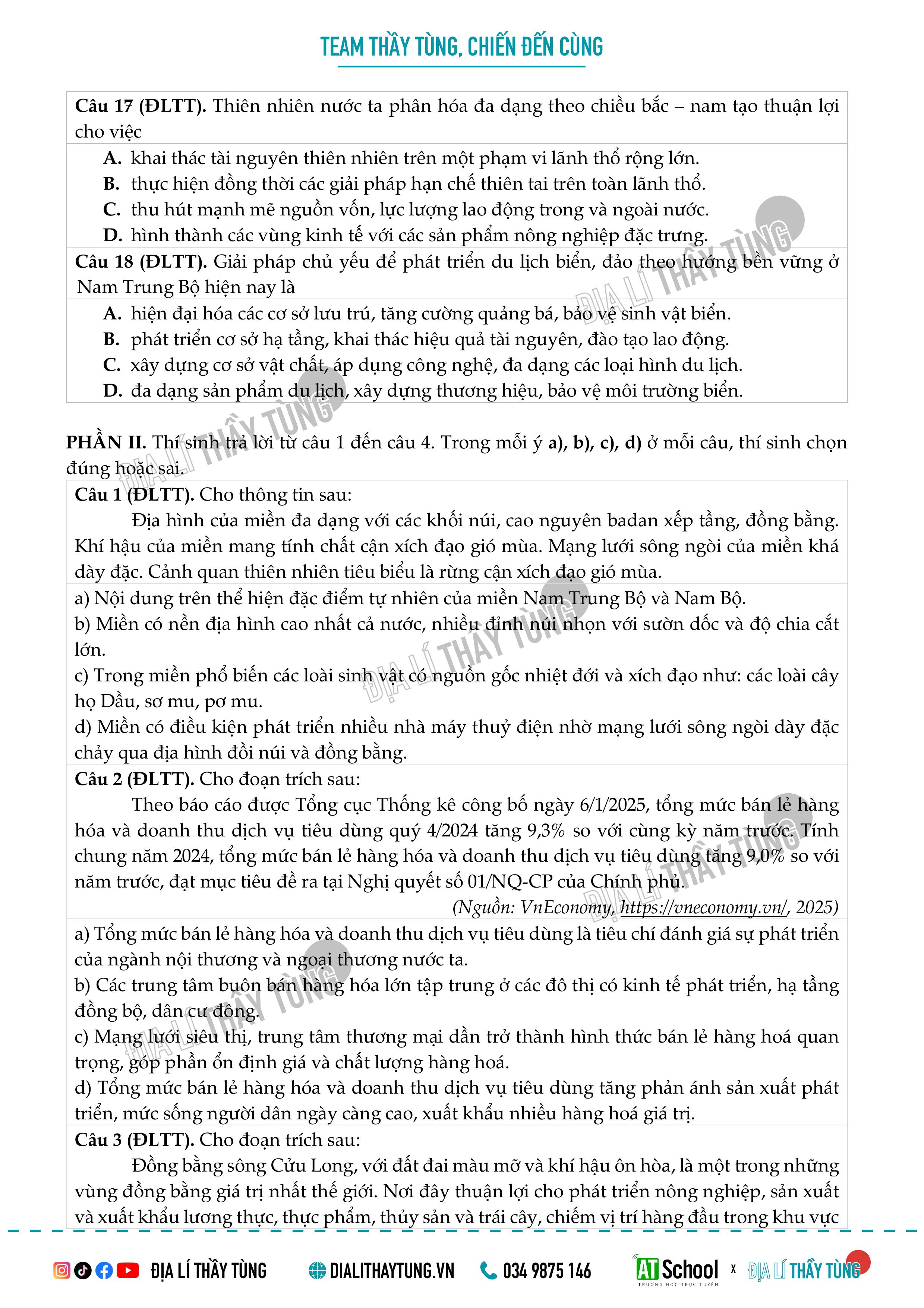 Đề thi thử tốt nghiệp THPT môn Địa lí - Địa lí thầy Tùng 
