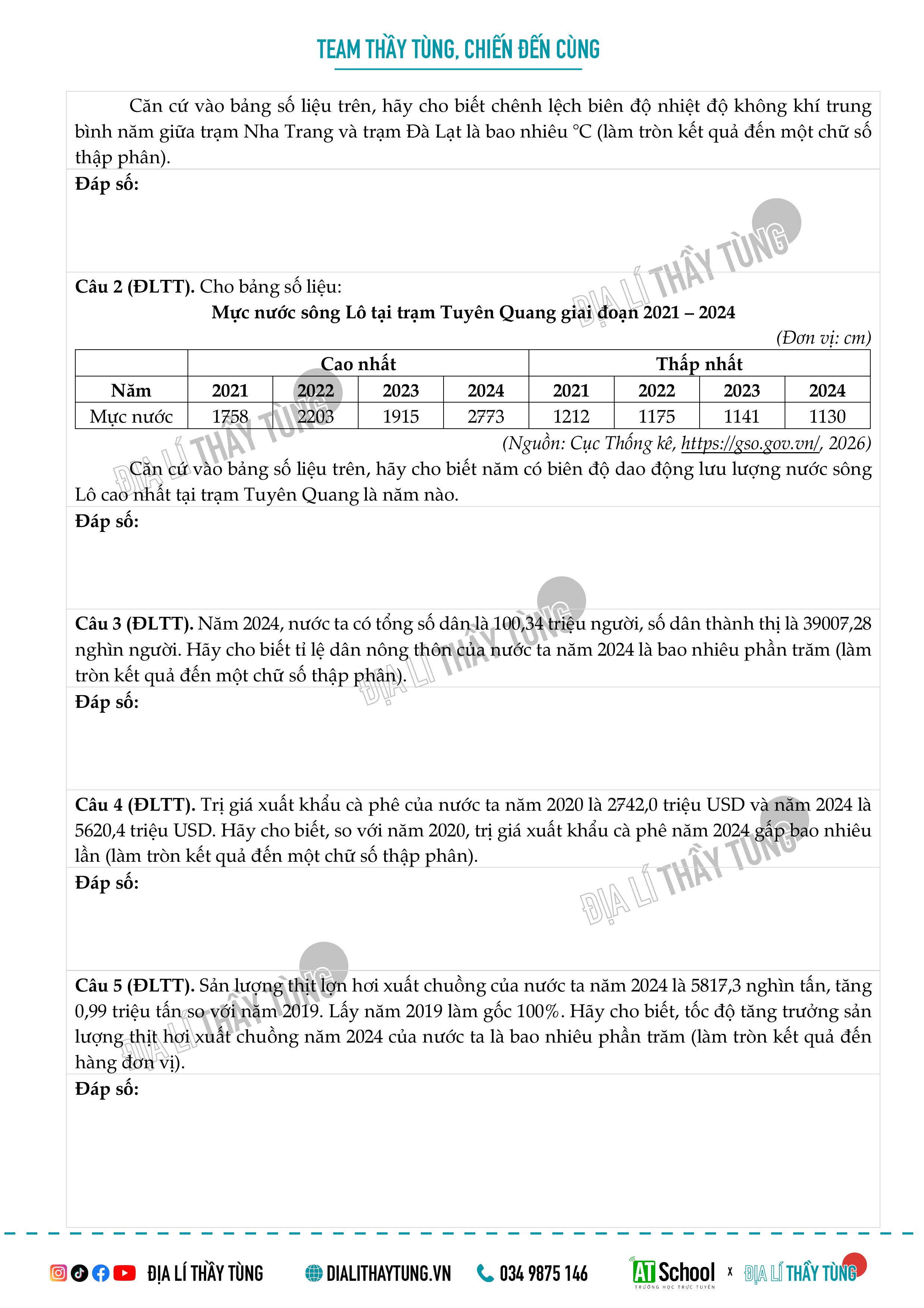 Đề thi thử tốt nghiệp THPT môn Địa lí - Địa lí thầy Tùng 