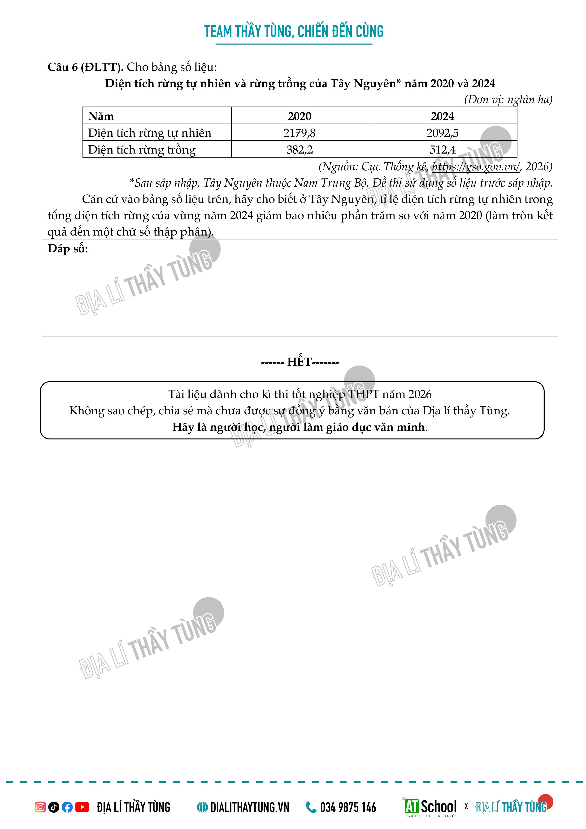Đề thi thử tốt nghiệp THPT môn Địa lí - Địa lí thầy Tùng 