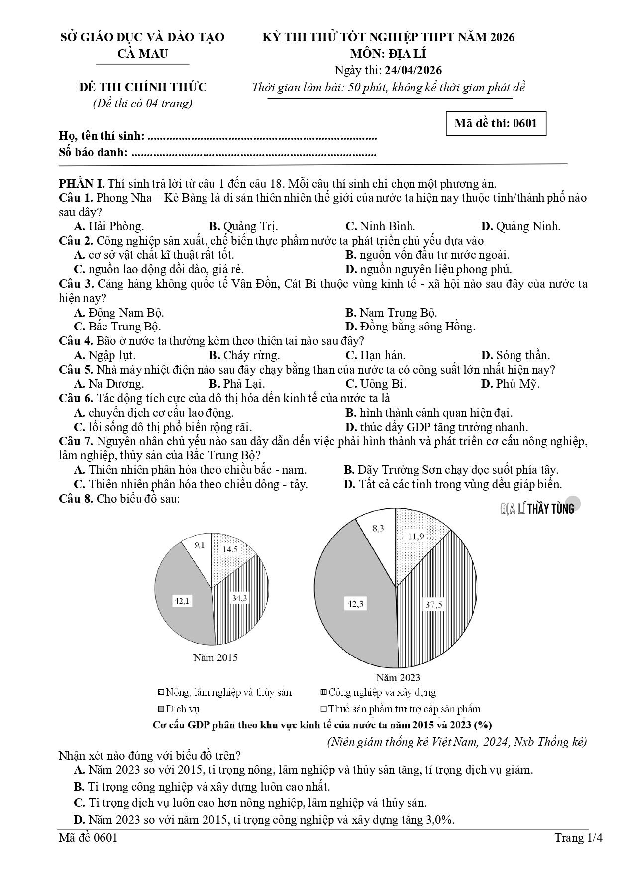 Đề thi thử tốt nghiệp THPT môn Địa lí năm 2025 – 2026 SỞ GD&DT Cà Mau