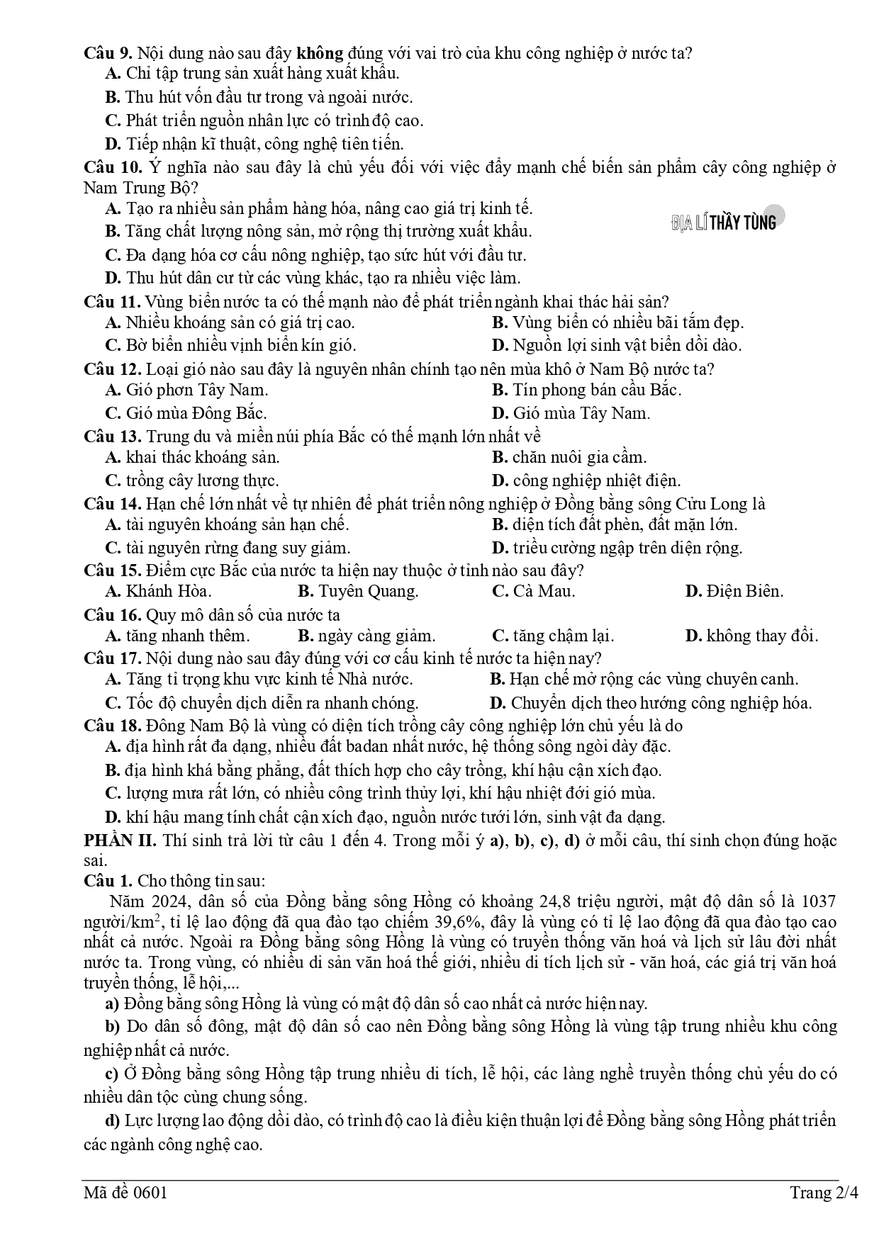 Đề thi thử tốt nghiệp THPT môn Địa lí năm 2025 – 2026 SỞ GD&DT Cà Mau