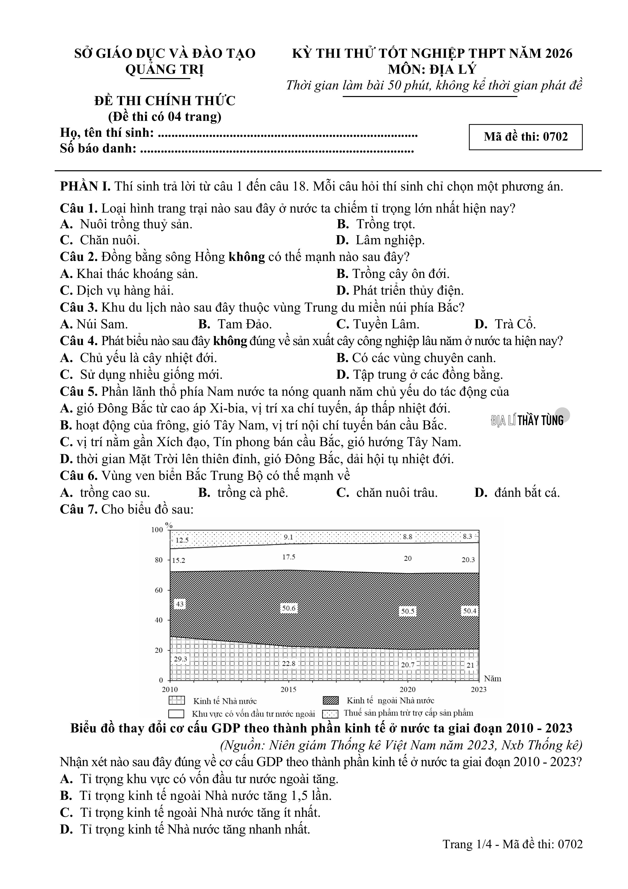 Đề thi thử tốt nghiệp THPT môn Địa lí năm 2025 – 2026 SỞ GD&DT Quảng Trị