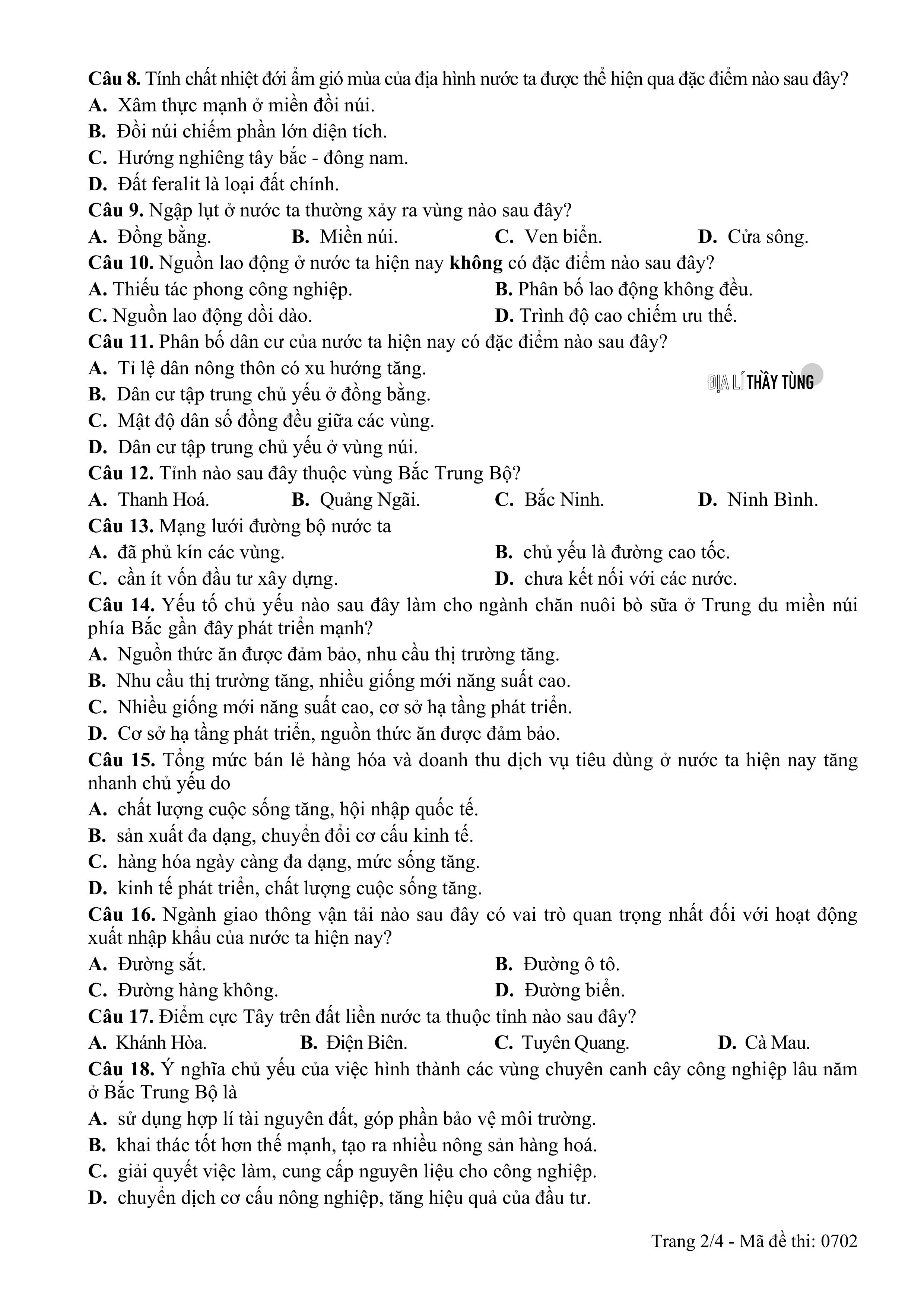Đề thi thử tốt nghiệp THPT môn Địa lí năm 2025 – 2026 SỞ GD&DT Quảng Trị