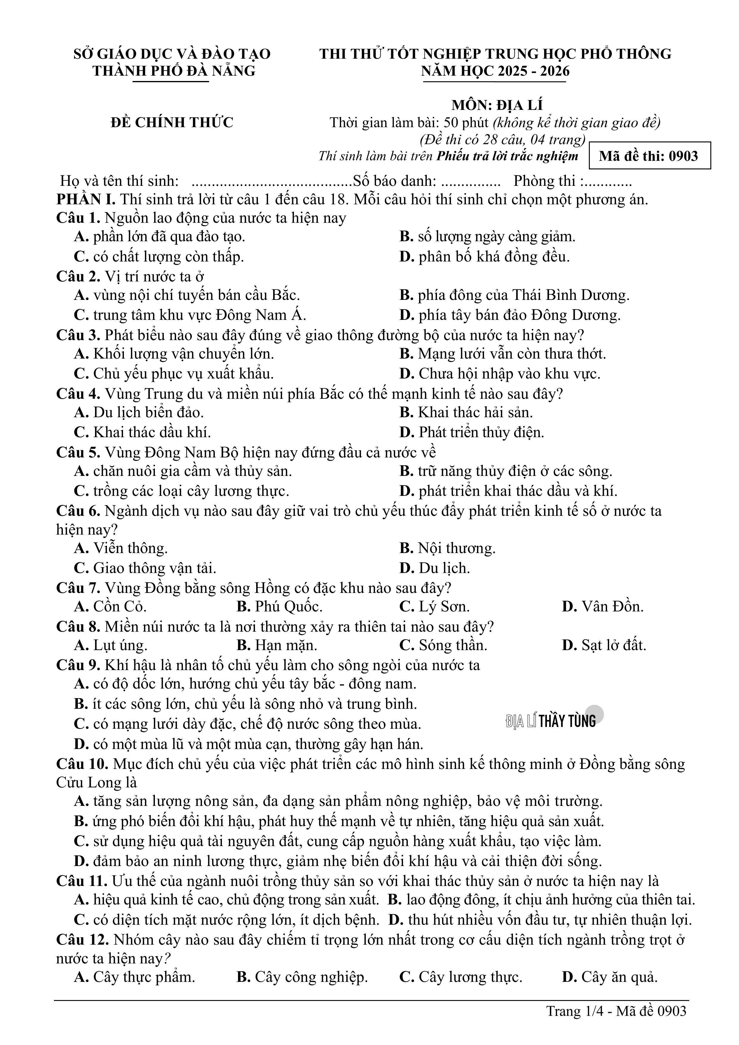 Đề thi thử tốt nghiệp THPT môn Địa lí năm 2025 – 2026 SỞ GD&DT Đà Nẵng