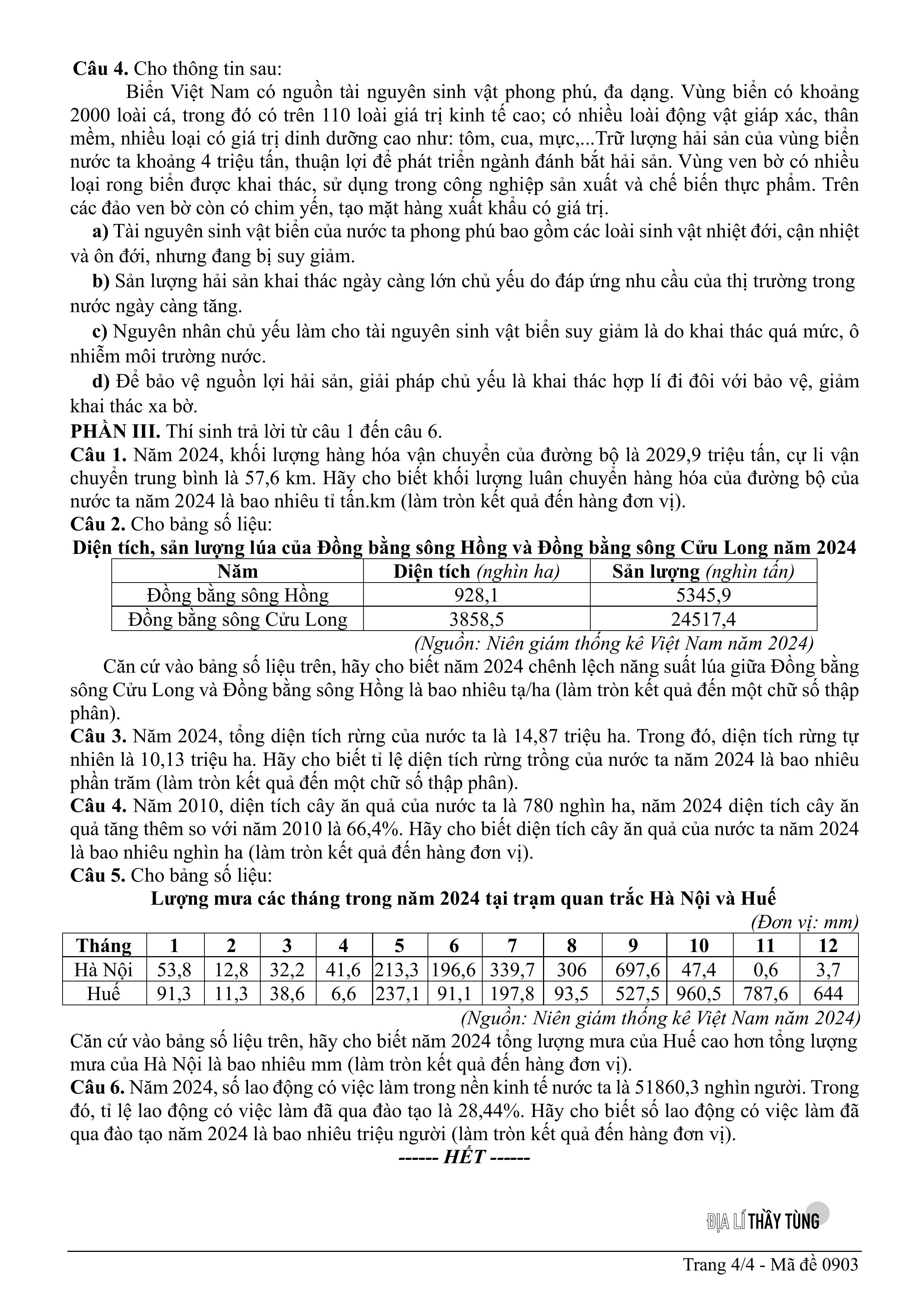 Đề thi thử tốt nghiệp THPT môn Địa lí năm 2025 – 2026 SỞ GD&DT Đà Nẵng