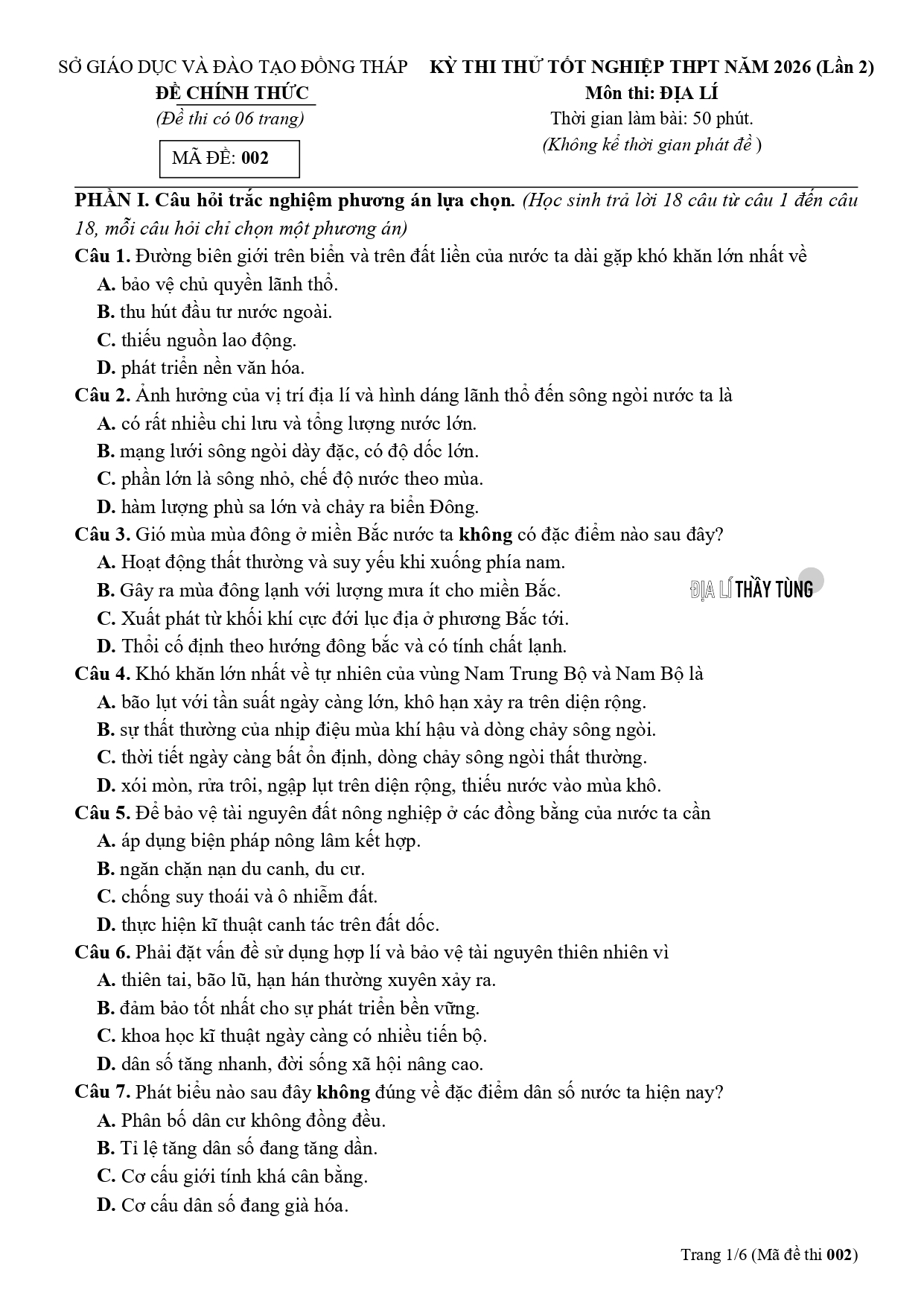 Đề thi thử tốt nghiệp THPT môn Địa lí năm 2025 – 2026 SỞ GD&DT Đồng Tháp