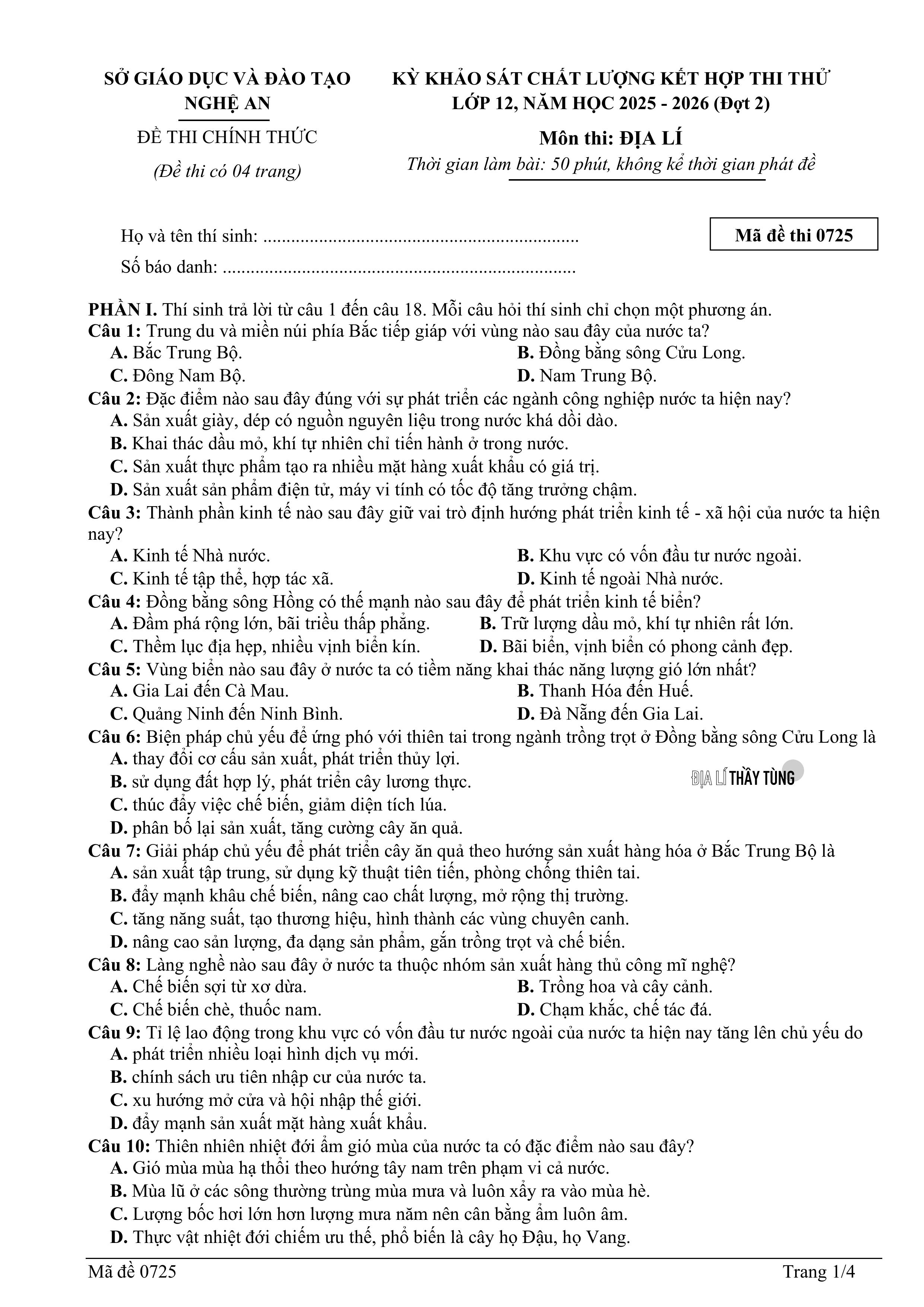 Đề thi thử tốt nghiệp THPT môn Địa lí năm 2025 – 2026 SỞ GD&DT Nghệ An đợt 2