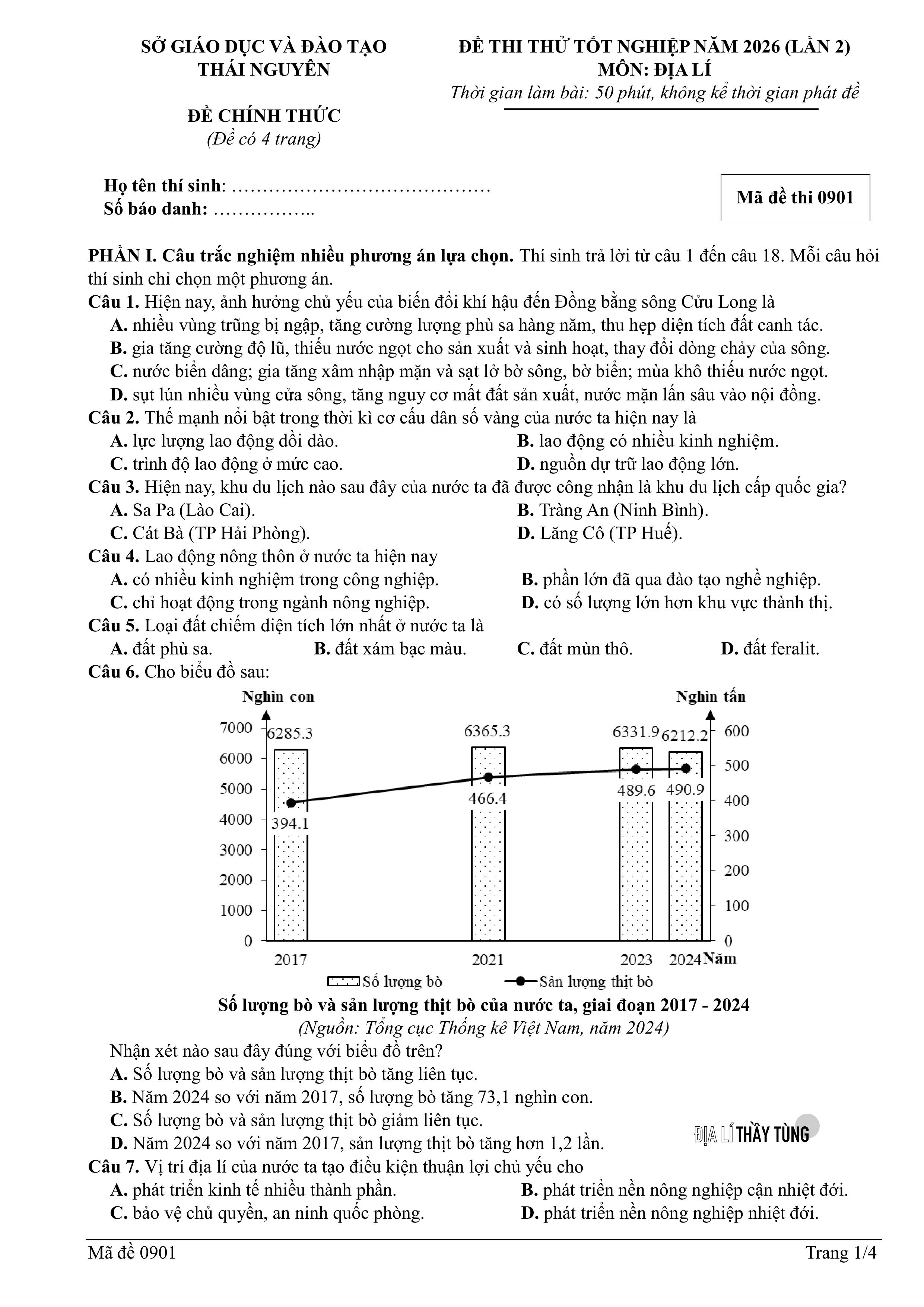 Đề thi thử tốt nghiệp THPT môn Địa lí năm 2025 – 2026 SỞ GD&DT Thái Nguyên lần 2