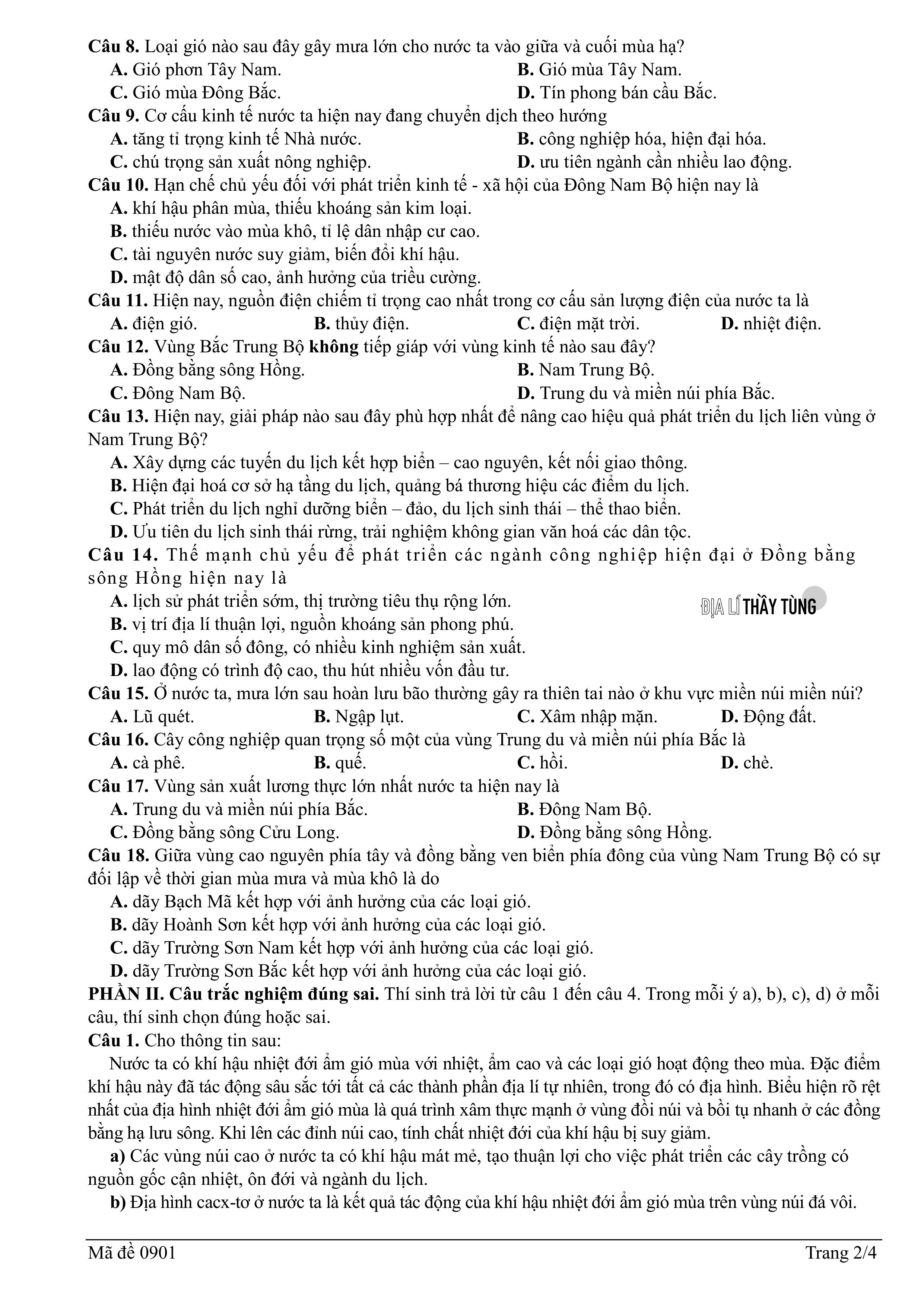Đề thi thử tốt nghiệp THPT môn Địa lí năm 2025 – 2026 SỞ GD&DT Thái Nguyên lần 2