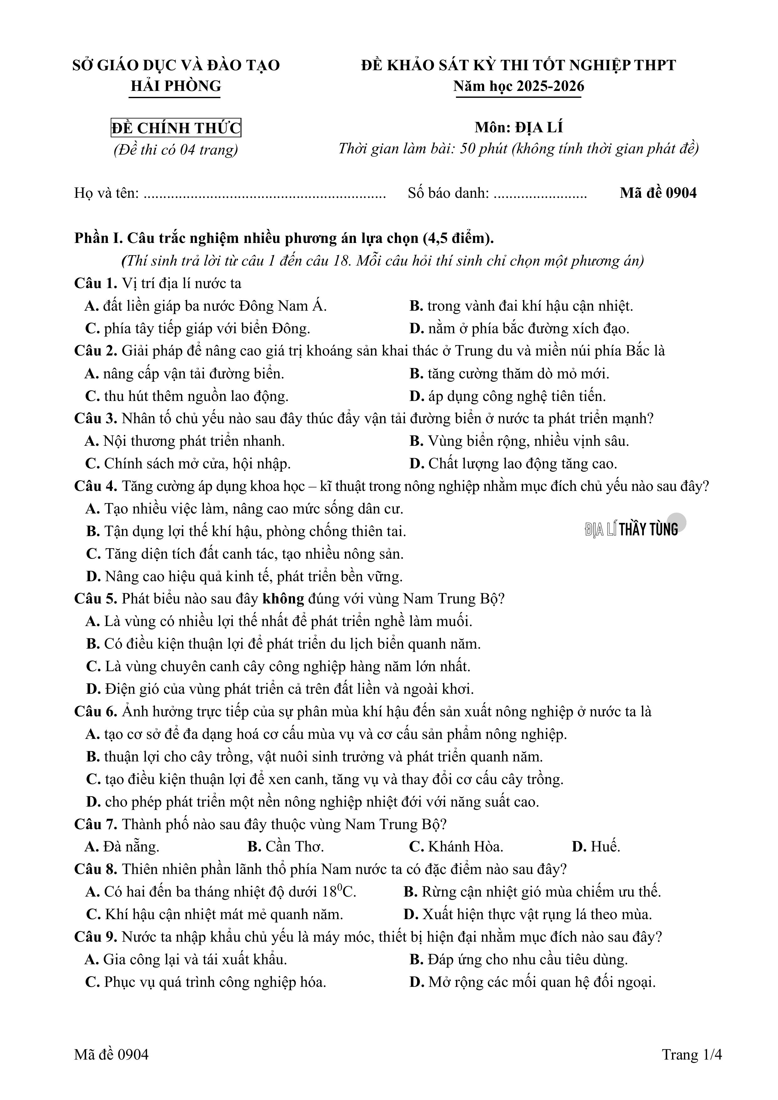 Đề thi thử tốt nghiệp THPT môn Địa lí năm 2025 – 2026 SỞ GD&DT Hải Phòng