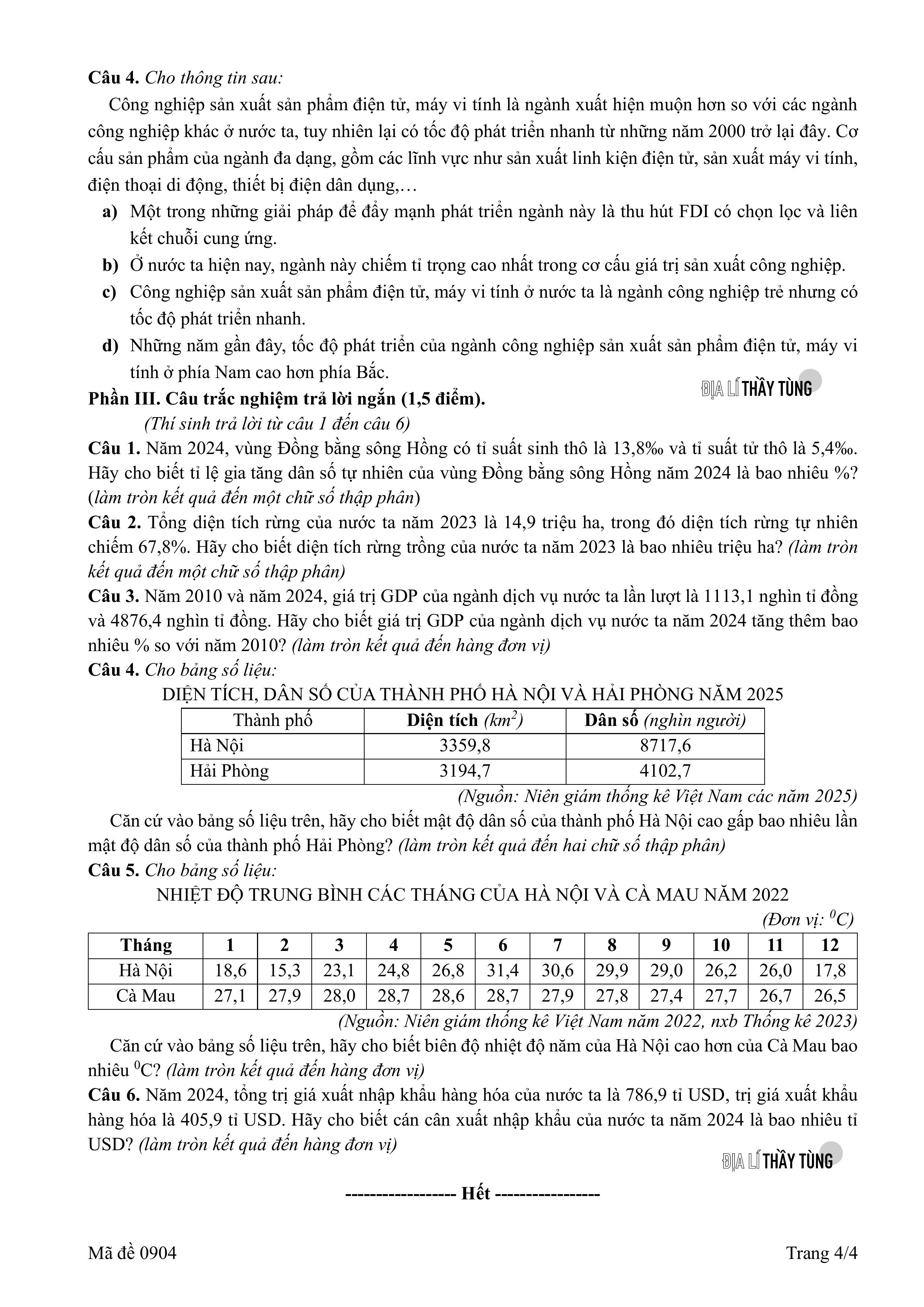 Đề thi thử tốt nghiệp THPT môn Địa lí năm 2025 – 2026 SỞ GD&DT Hải Phòng