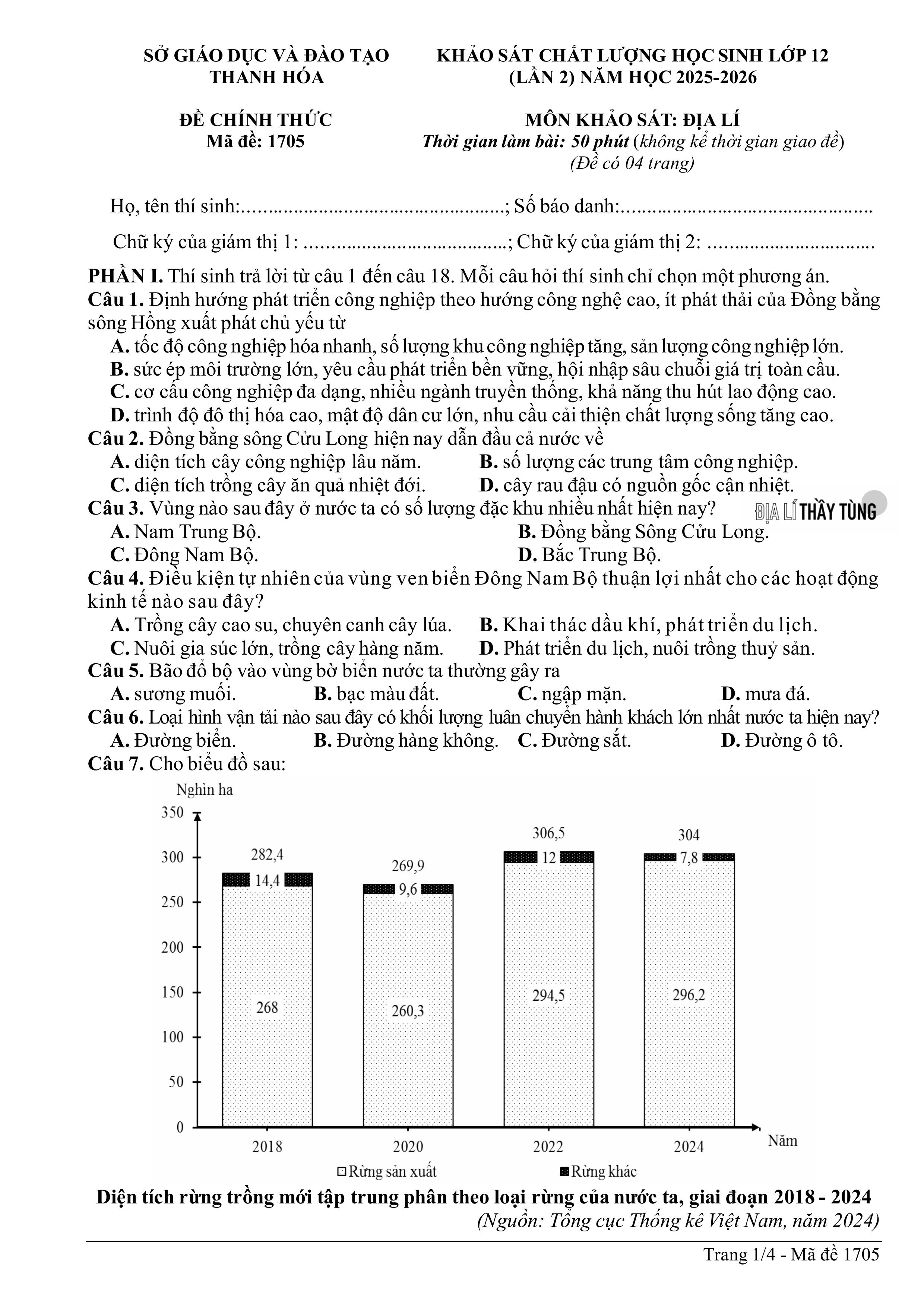 Đề thi thử tốt nghiệp THPT môn Địa lí năm 2025 – 2026 SỞ GD&DT Thanh Hóa lần 2