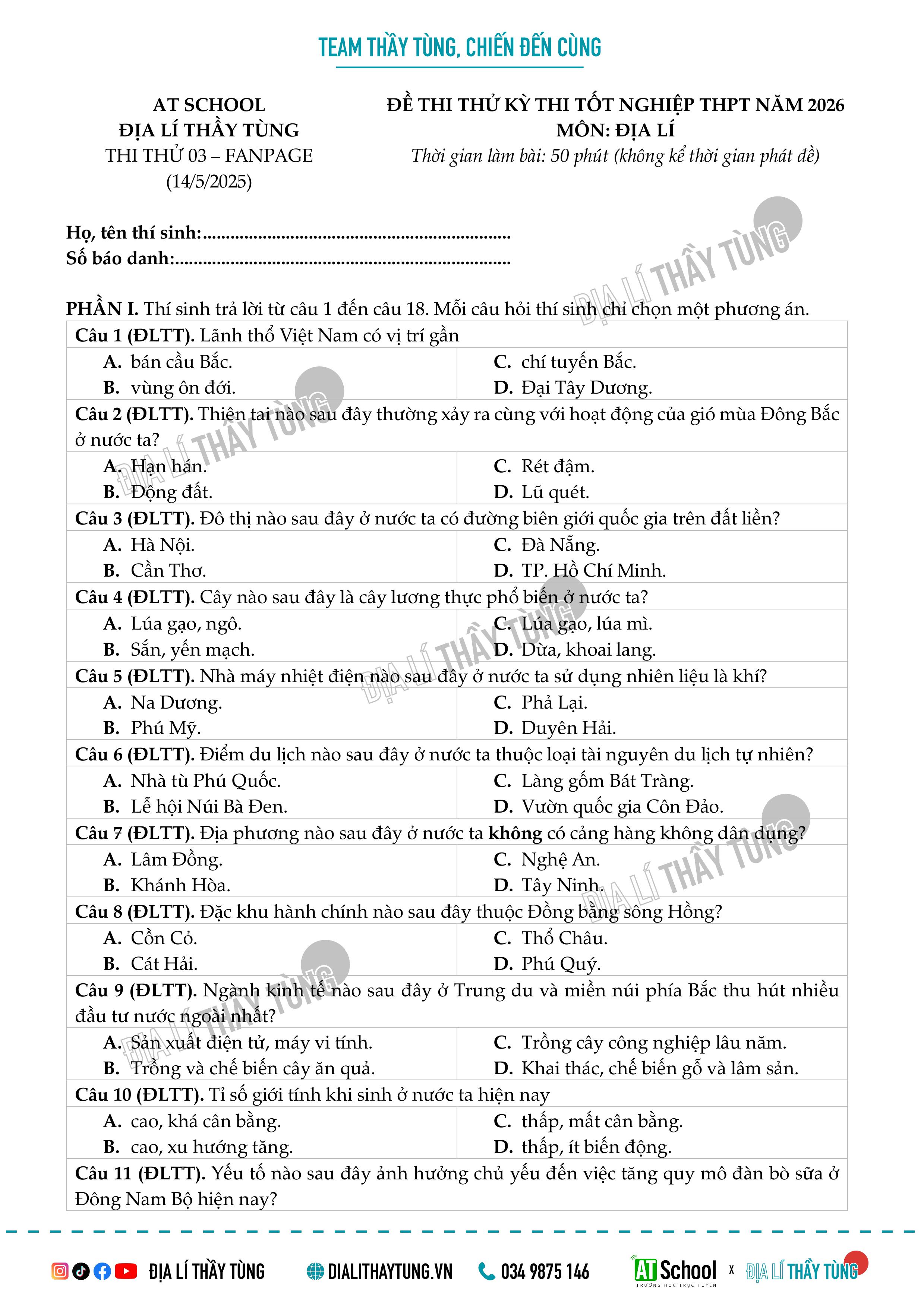 Đề thi tốt nghiệp THPT môn Địa lí do thầy Tùng biên soạn