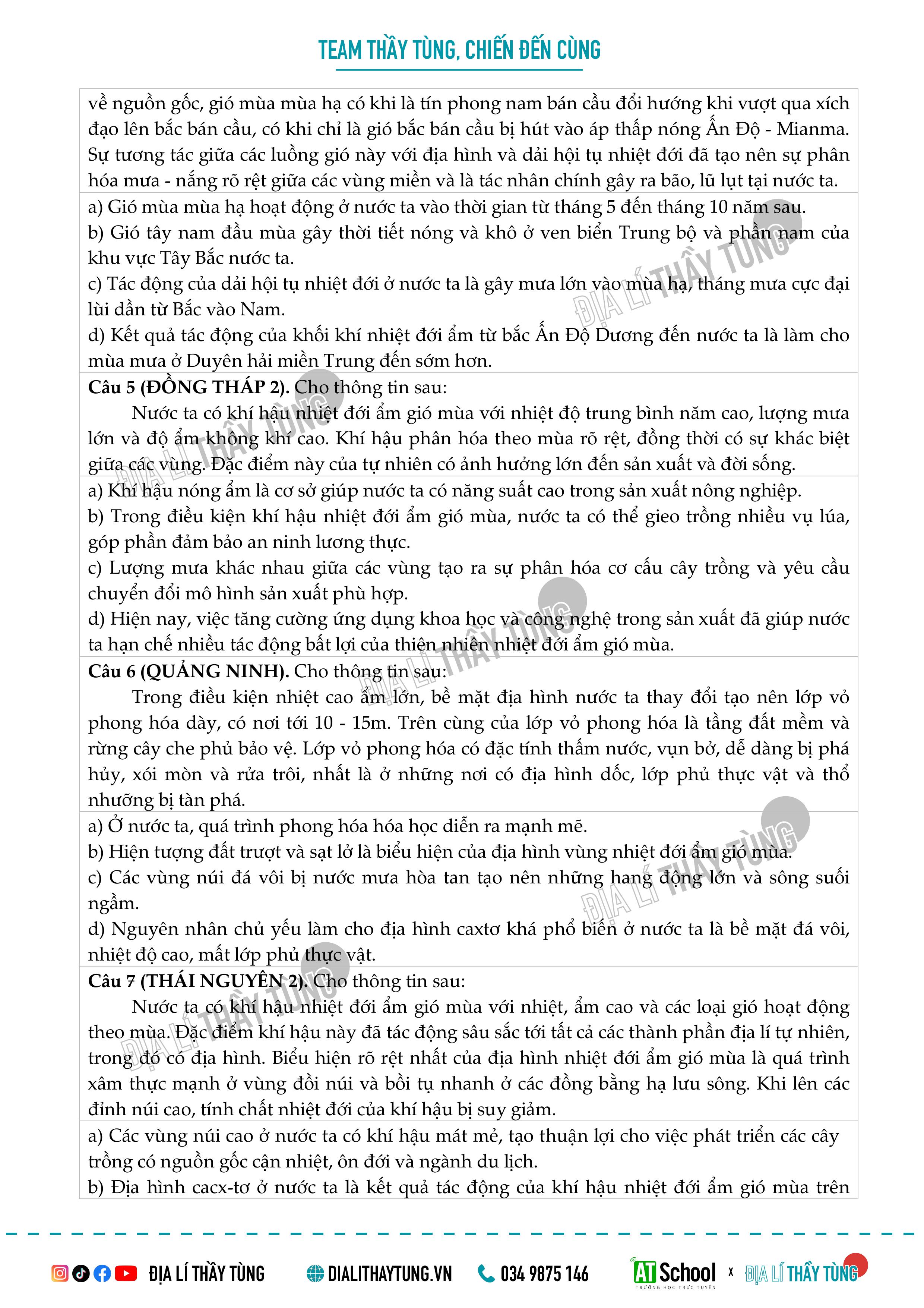 CÂU HỎI ĐÚNG SAI VỀ ĐỊA LÍ TỰ NHIÊN TRONG CÁC ĐỀ THI TN THPT ĐỊA LÍ - DO THẦY TÙNG TỔNG HỢP