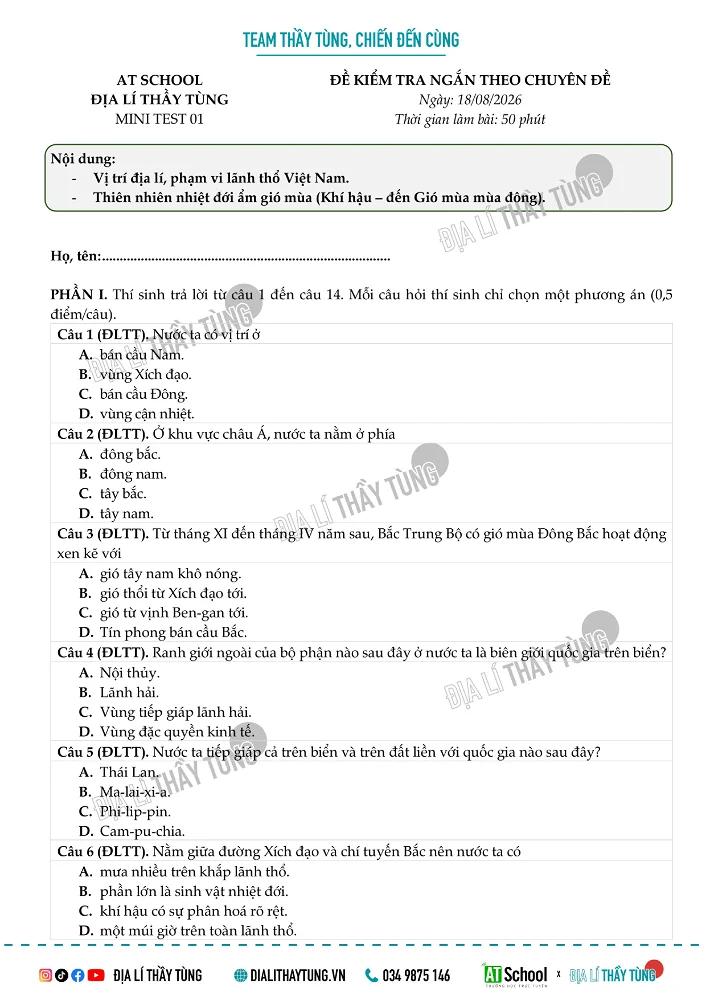 ĐỀ KIỂM TRA VỀ ĐỊA LÍ TỰ NHIÊN LỚP 12 – ĐỀ SỐ 01