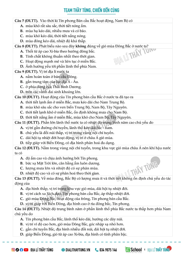 ĐỀ KIỂM TRA VỀ ĐỊA LÍ TỰ NHIÊN LỚP 12 – ĐỀ SỐ 01