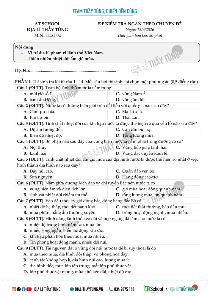 ĐỀ KIỂM TRA VỀ ĐỊA LÍ TỰ NHIÊN LỚP 12 – ĐỀ SỐ 02
